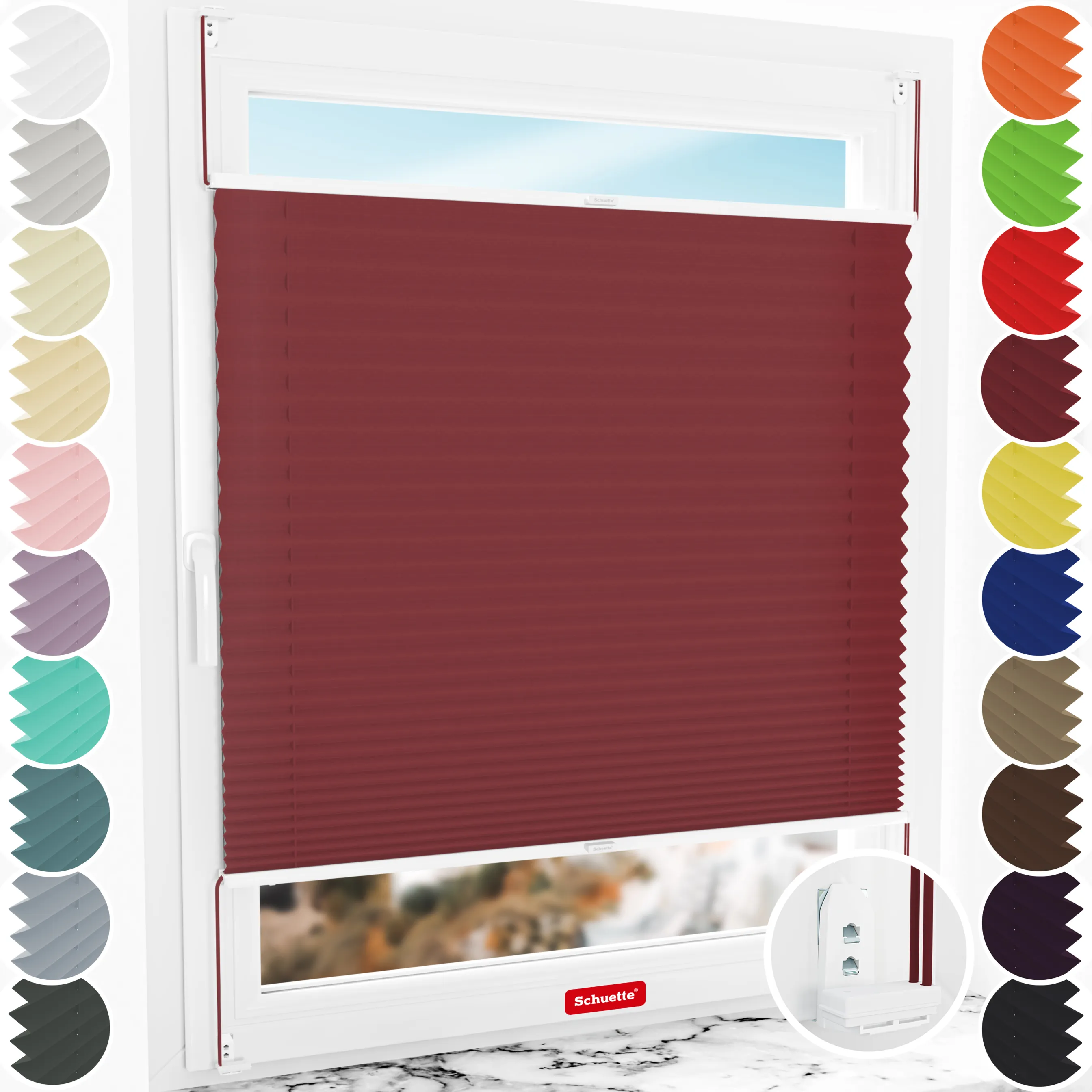 Schuette® Plissee mit Bohren nach Maß • Suprafix "Double 2in1" Schraub- & Klemmhalter • Thermo Kollektion: Scarlet Wine (Rot) • Profilfarbe: Weiß