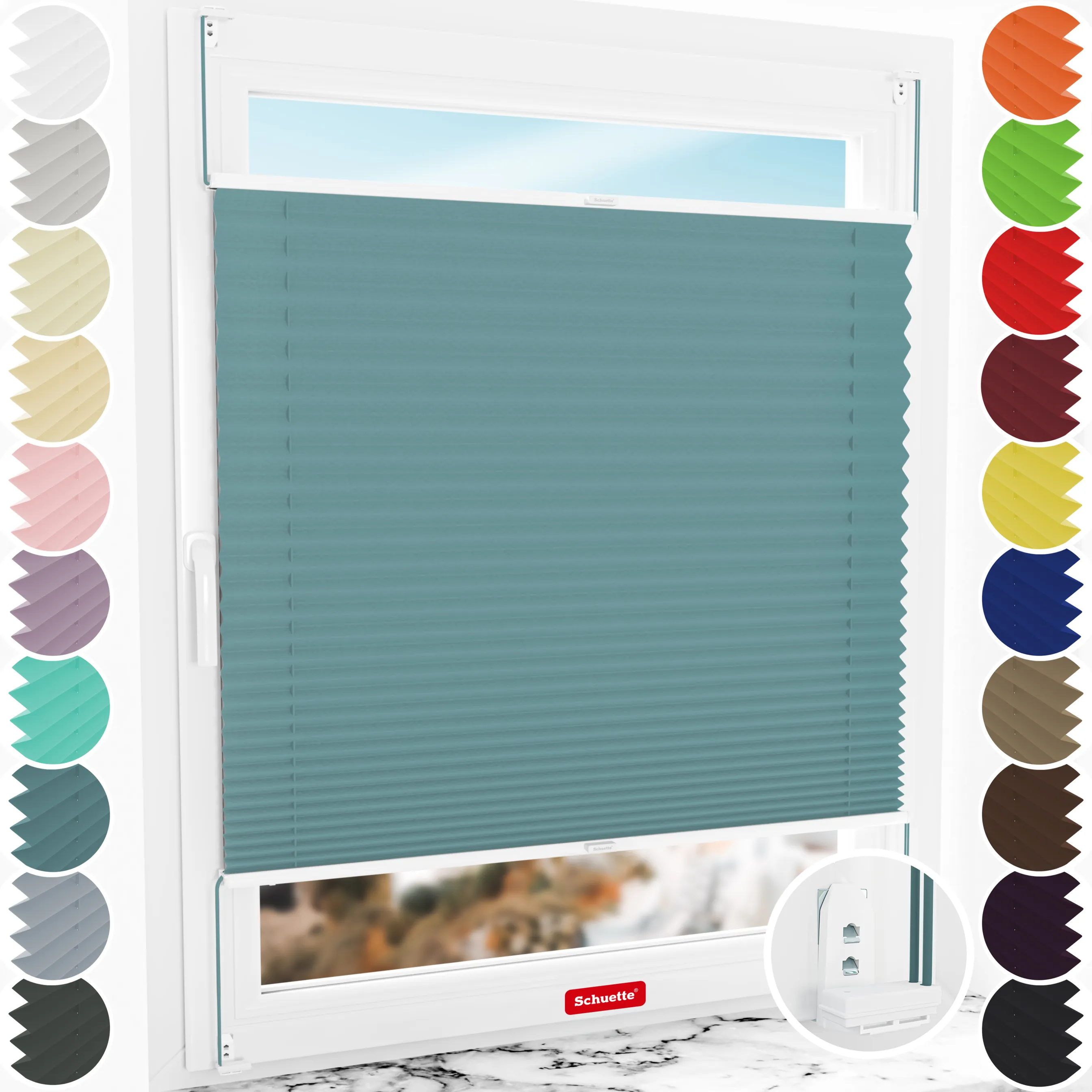 Schuette® Plissee mit Bohren nach Maß • Suprafix "Double 2in1" Schraub- & Klemmhalter • Thermo Kollektion: Teal Aura (Türkis) • Profilfarbe: Weiß