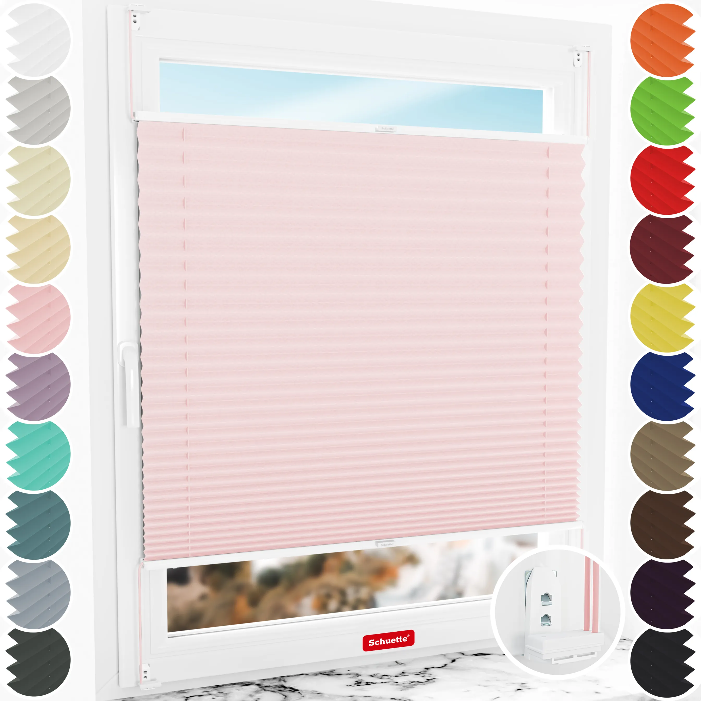 Schuette® Plissee mit Bohren nach Maß • Suprafix "Double 2in1" Schraub- & Klemmhalter • Thermo Kollektion: Rosewater (Rosa) • Profilfarbe: Weiß