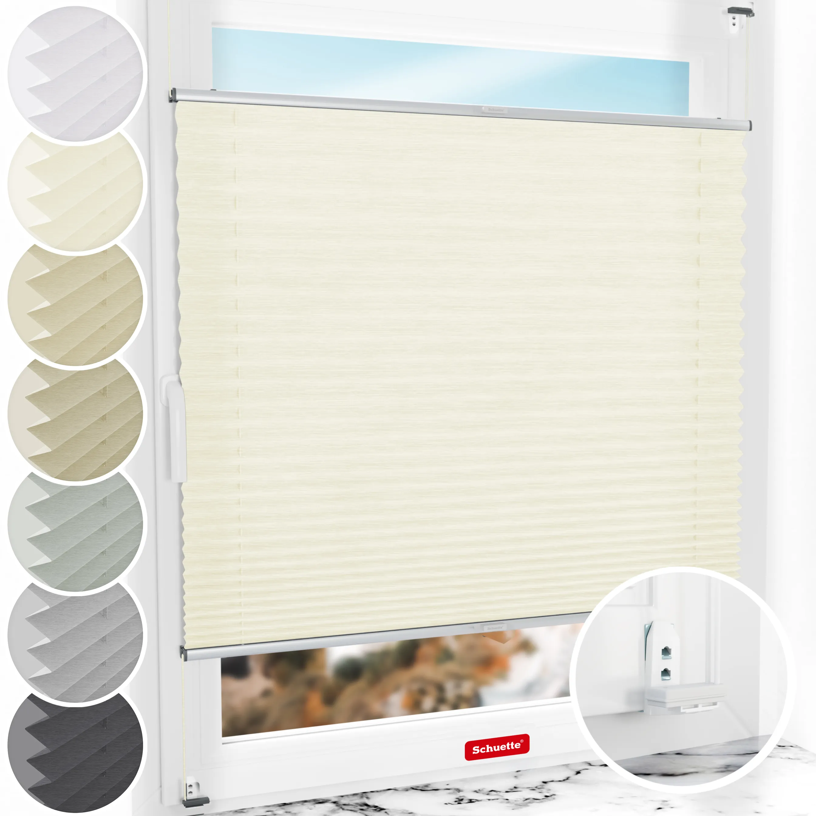 Schuette® Plissee mit Bohren nach Maß • Suprafix "Double 2in1" Schraub- & Klemmhalter • Dolomite Kollektion: Vanilla Sky (Beige) • Profilfarbe: Silber