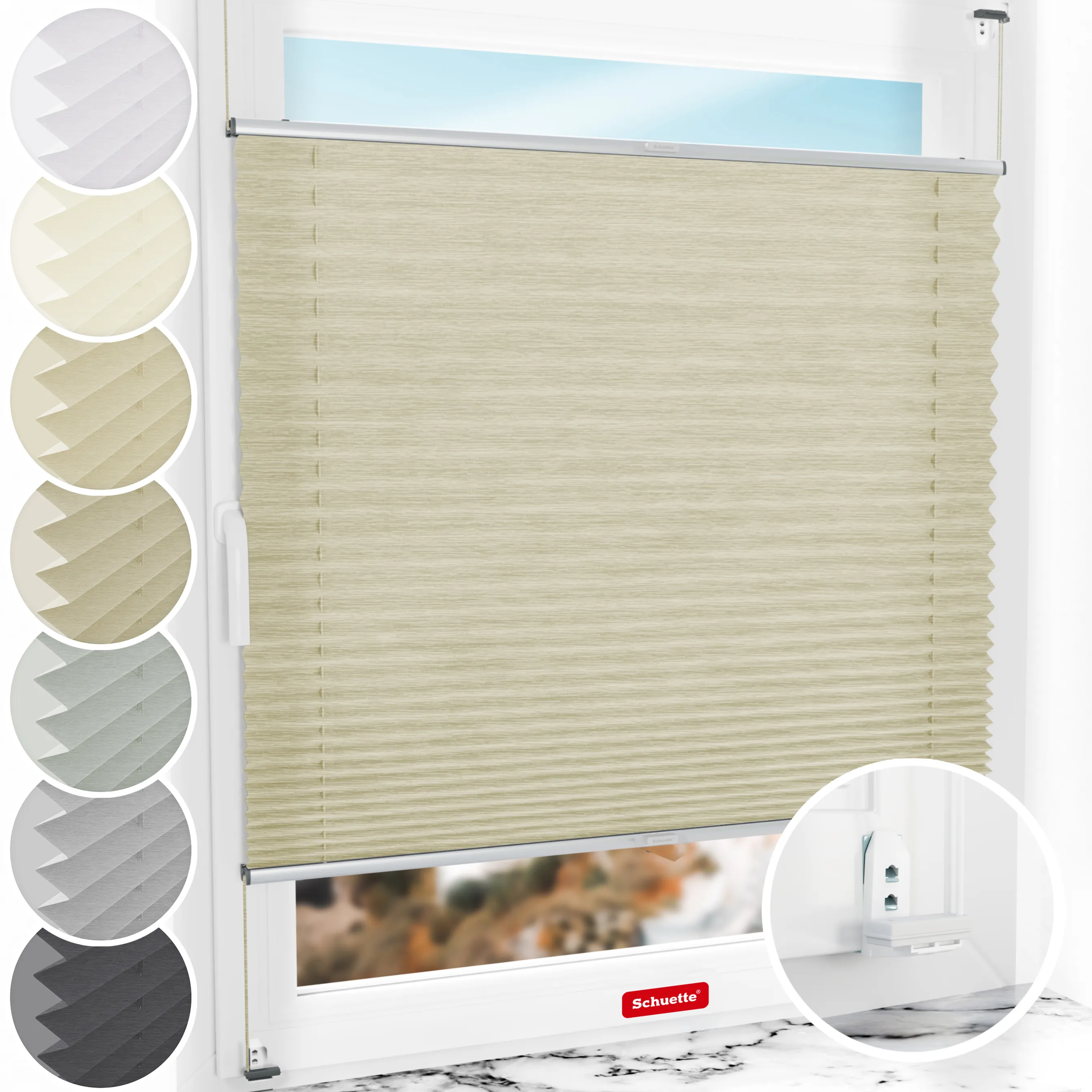 Schuette® Plissee mit Bohren nach Maß • Suprafix "Double 2in1" Schraub- & Klemmhalter • Dolomite Kollektion: Light Coffee (Beige) • Profilfarbe: Silber