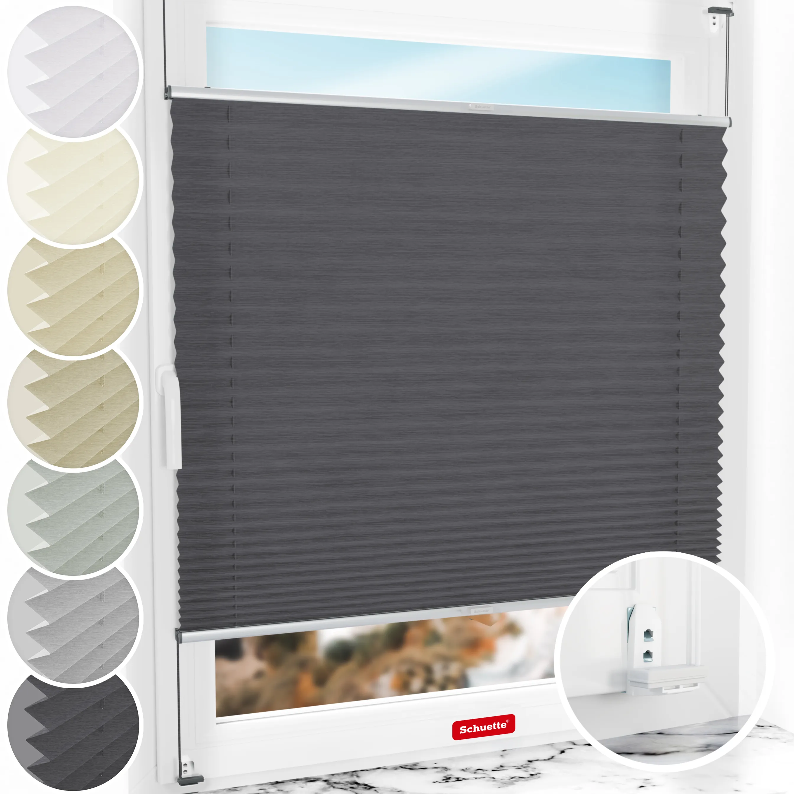 Schuette® Plissee mit Bohren nach Maß • Suprafix "Double 2in1" Schraub- & Klemmhalter • Dolomite Kollektion: Dark Vintage (Grau) • Profilfarbe: Silber