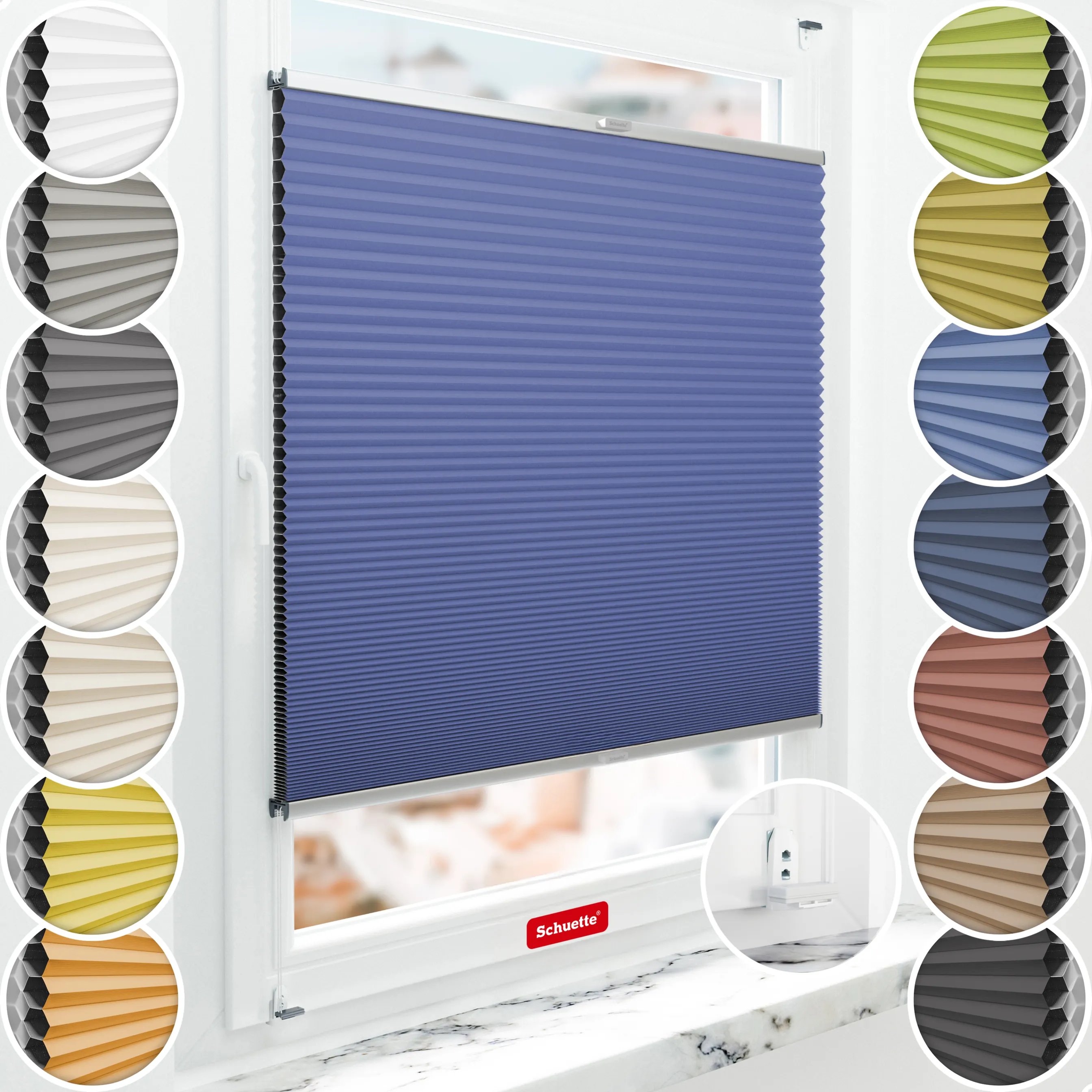 Schuette® Wabenplissee mit Bohren nach Maß • Suprafix "Double 2in1" Schraub- & Klemmhalter • Honey Kollektion: Skyline (Blau) • Profilfarbe: Silber