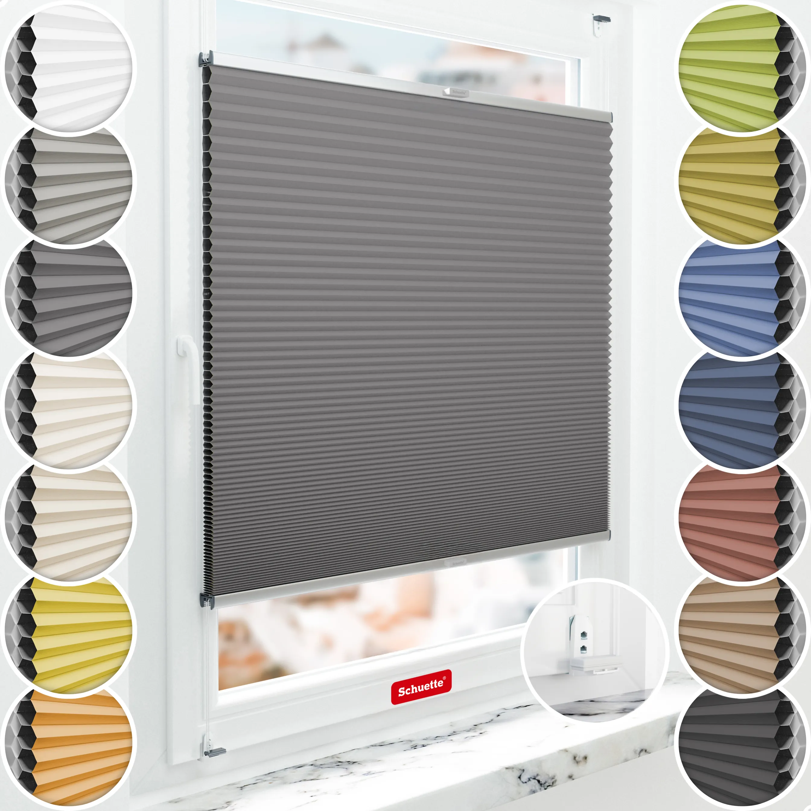 Schuette® Wabenplissee mit Bohren nach Maß • Suprafix "Double 2in1" Schraub- & Klemmhalter • Honey Kollektion: Twilight Tango (Grau) • Profilfarbe: Silber