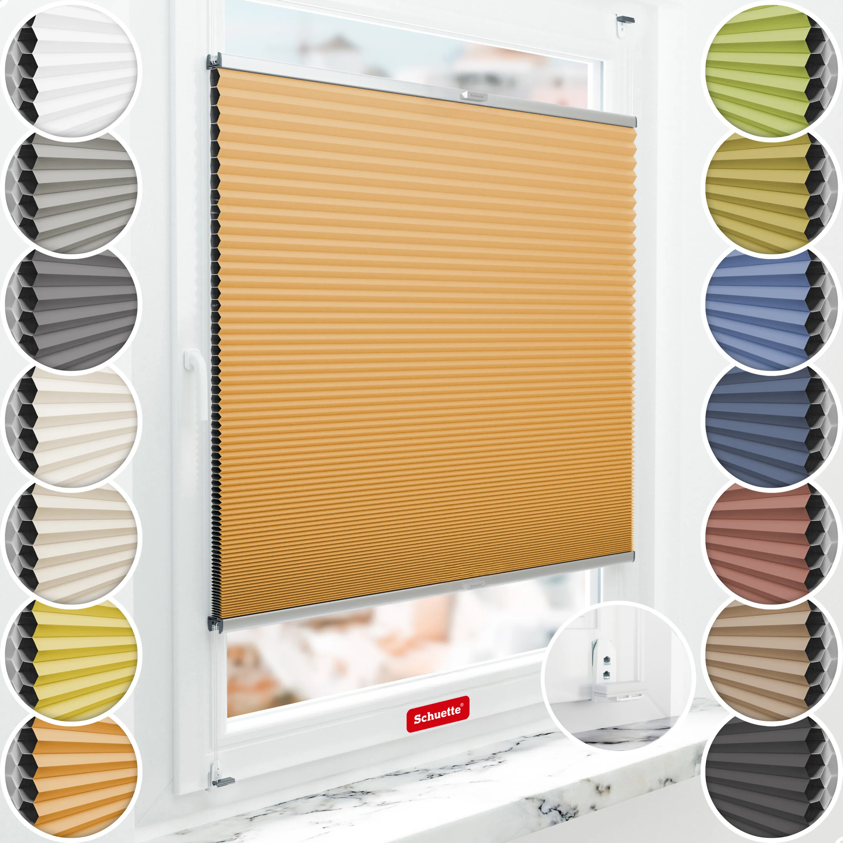 Schuette® Wabenplissee mit Bohren nach Maß • Suprafix "Double 2in1" Schraub- & Klemmhalter • Honey Kollektion: Citrus Glow (Orange) • Profilfarbe: Silber