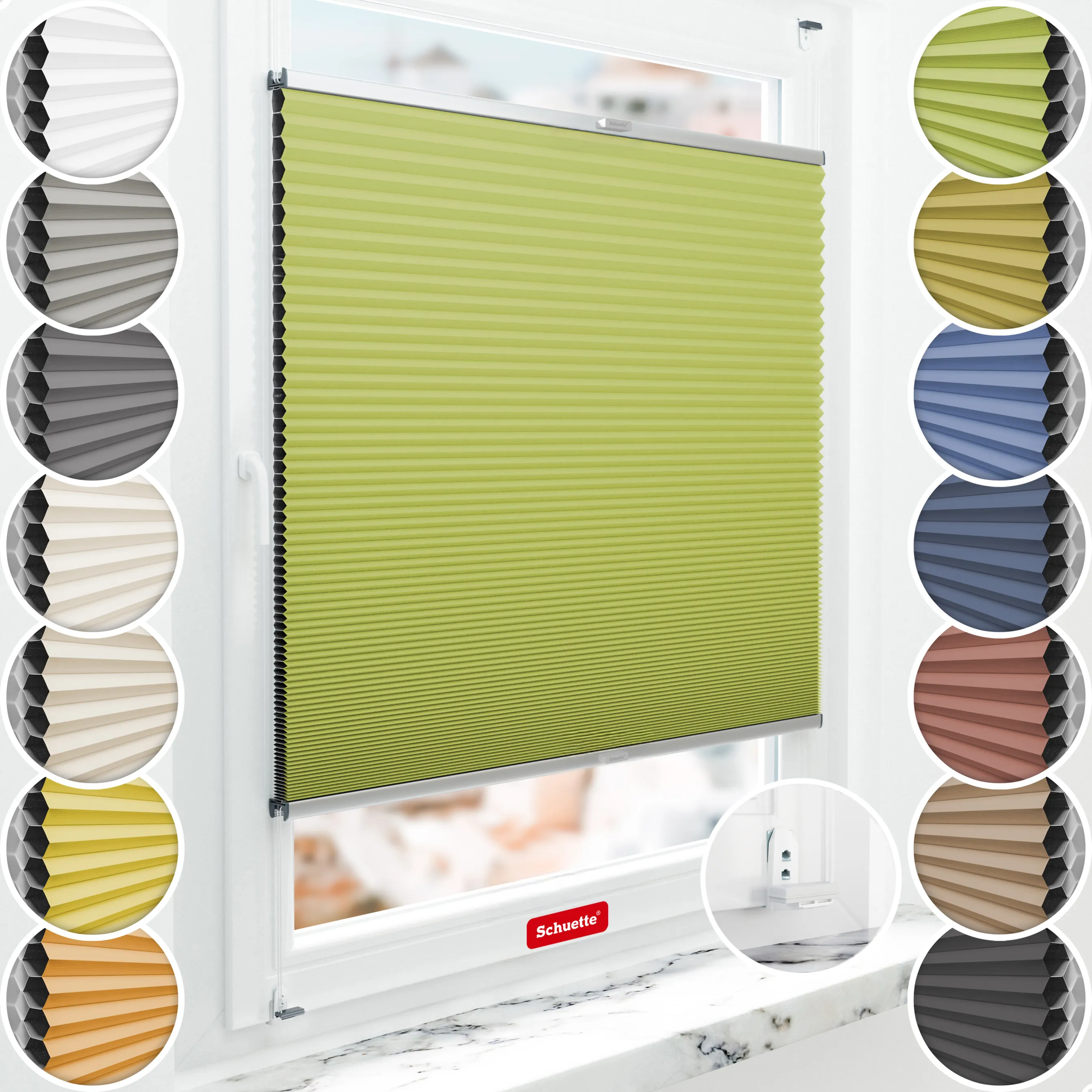 Schuette® Wabenplissee mit Bohren nach Maß • Suprafix "Double 2in1" Schraub- & Klemmhalter • Honey Kollektion: Green Tea (Grün) • Profilfarbe: Silber