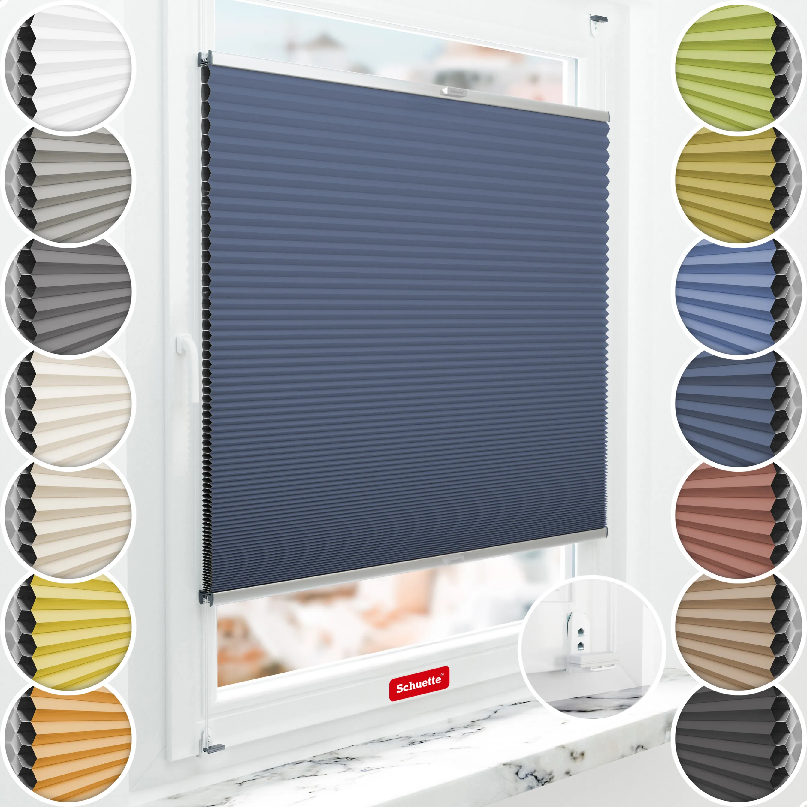 Schuette® Wabenplissee mit Bohren nach Maß • Suprafix "Double 2in1" Schraub- & Klemmhalter • Honey Kollektion: Arctic Ocean (Dunkelblau) • Profilfarbe: Silber