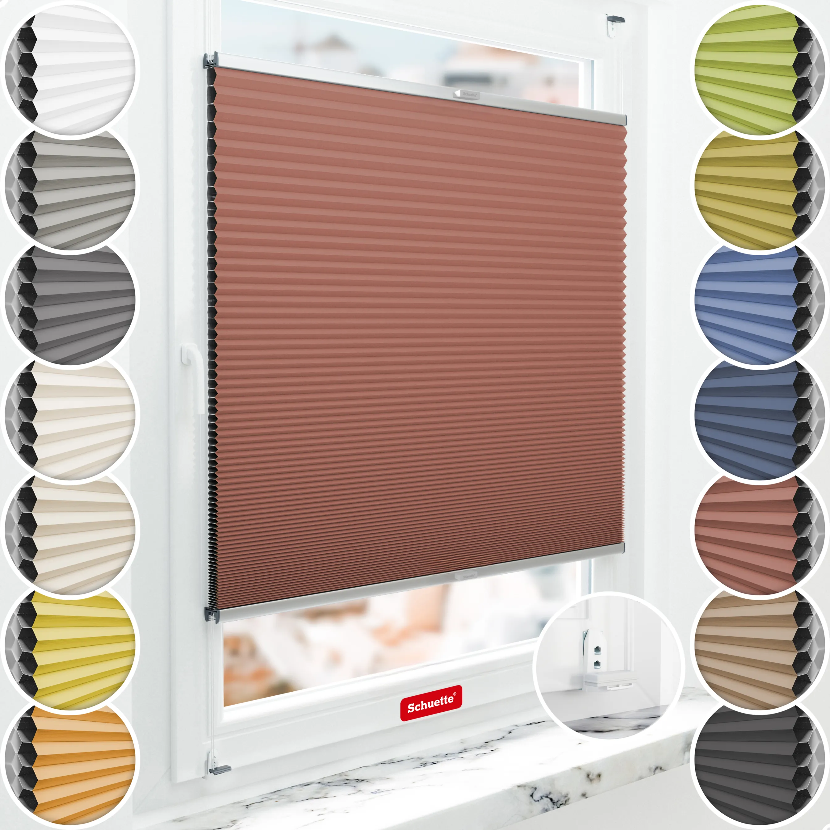 Schuette® Wabenplissee mit Bohren nach Maß • Suprafix "Double 2in1" Schraub- & Klemmhalter • Honey Kollektion: Poppy Petal (Dunkelrot) • Profilfarbe: Silber