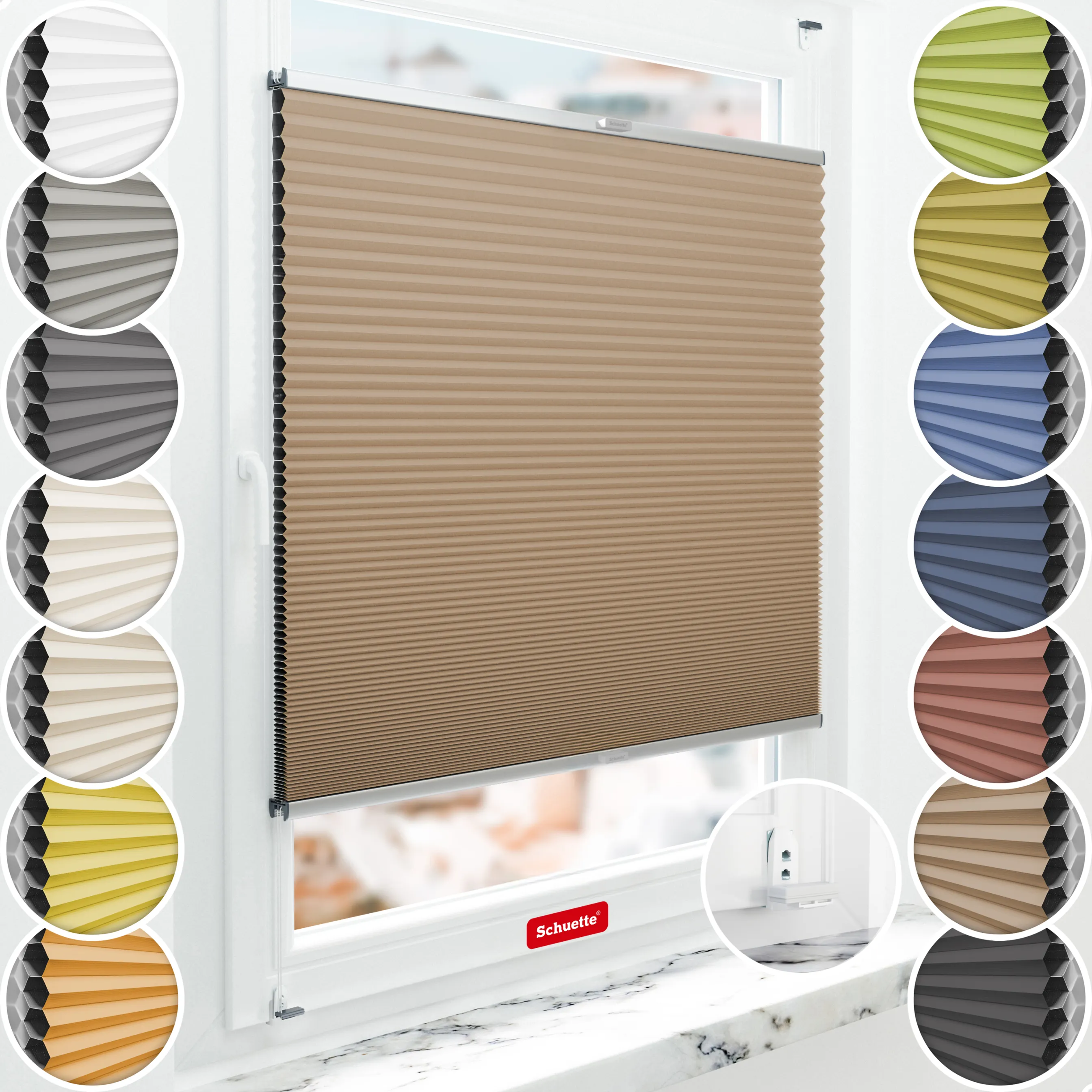 Schuette® Wabenplissee mit Bohren nach Maß • Suprafix "Double 2in1" Schraub- & Klemmhalter • Honey Kollektion: Maple Wood (Braun) • Profilfarbe: Silber