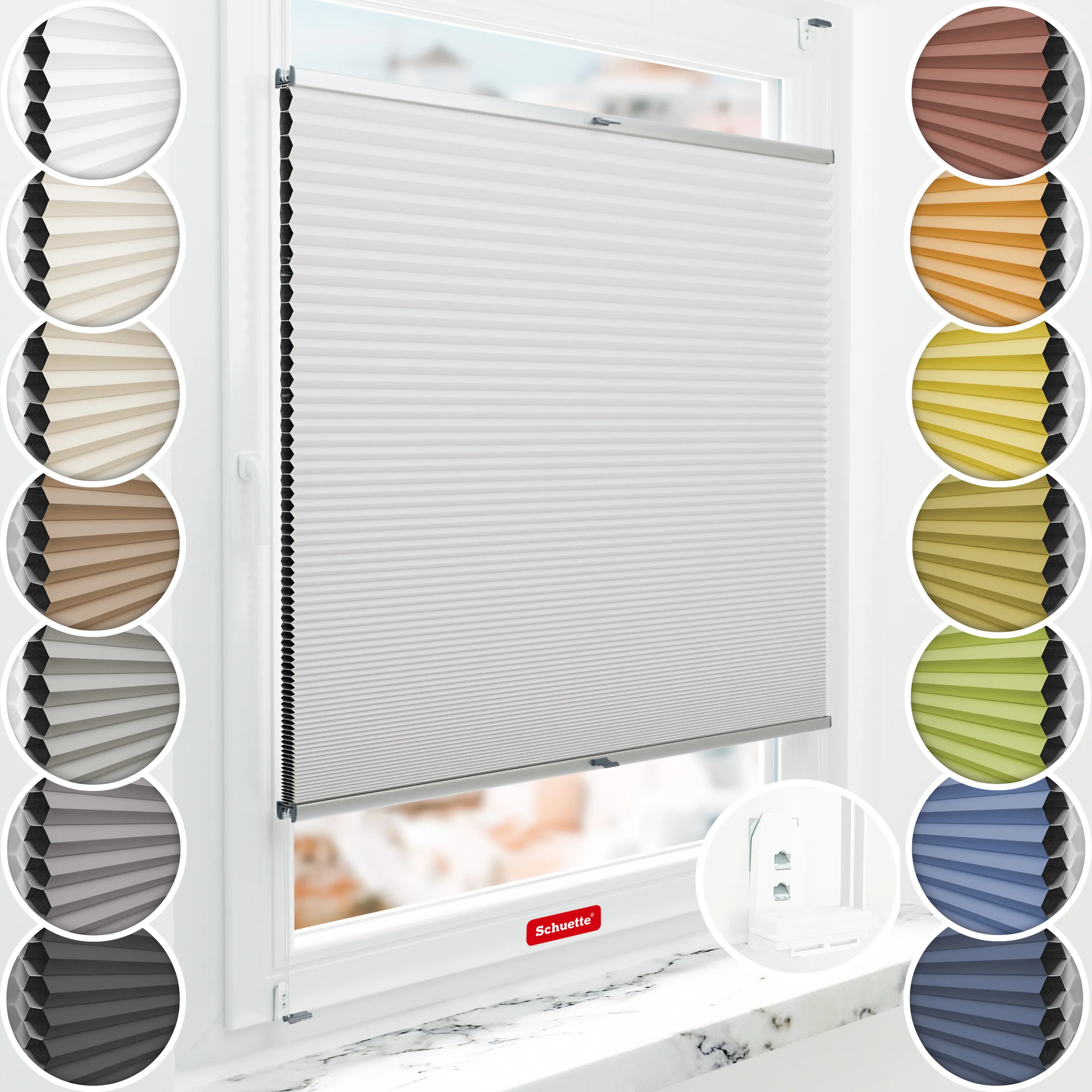 Schuette® Wabenplissee ohne Bohren nach Maß • Suprafix Klemmhalter “Double 2in1” • Honey Kollektion: Gray-zy in Love (Pastellgrau) • Profilfarbe: Silber