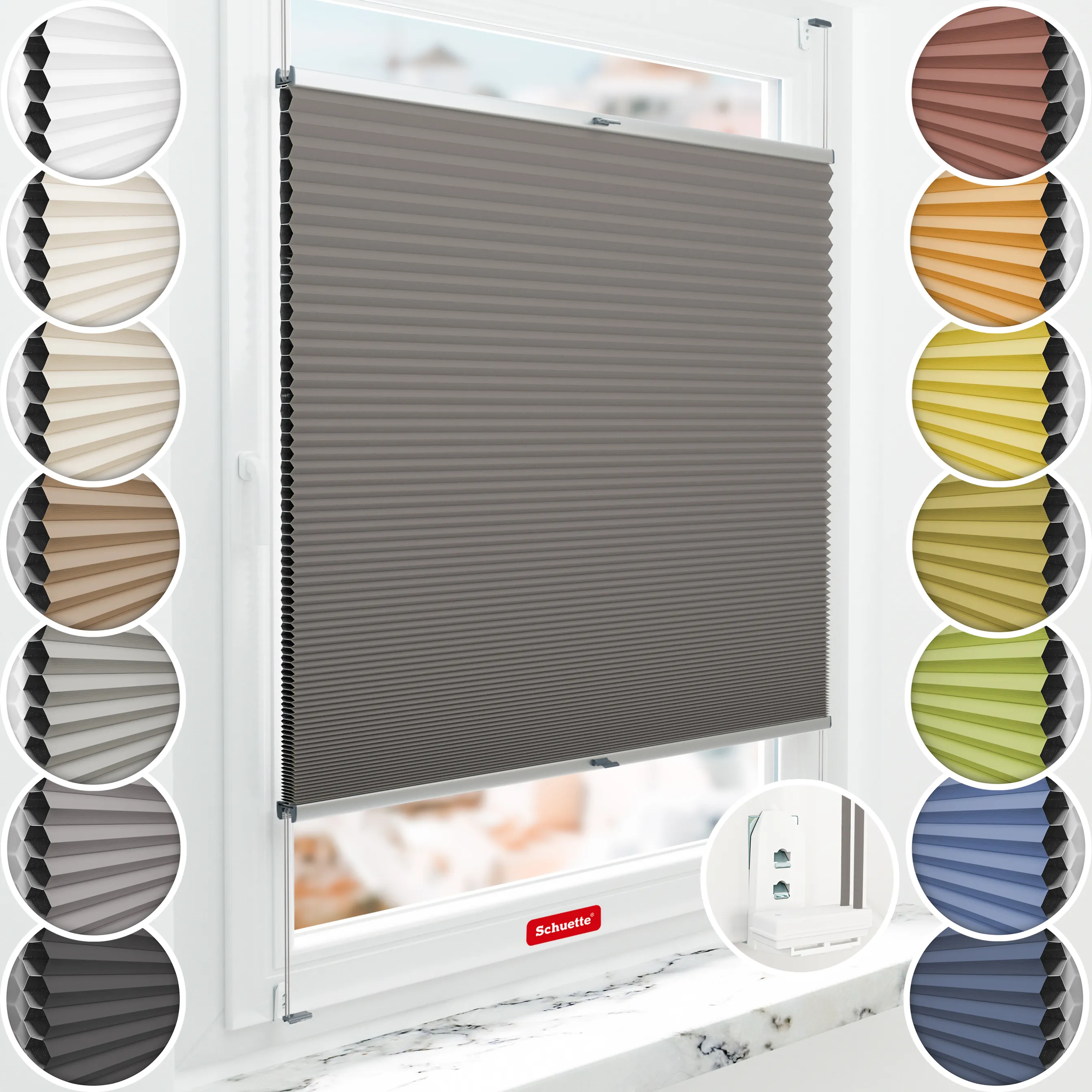 Schuette® Wabenplissee mit Bohren nach Maß • Suprafix "Double 2in1" Schraub- & Klemmhalter• Honey Kollektion: Swiss Chocolate (Taupe) • Profilfarbe: Silber