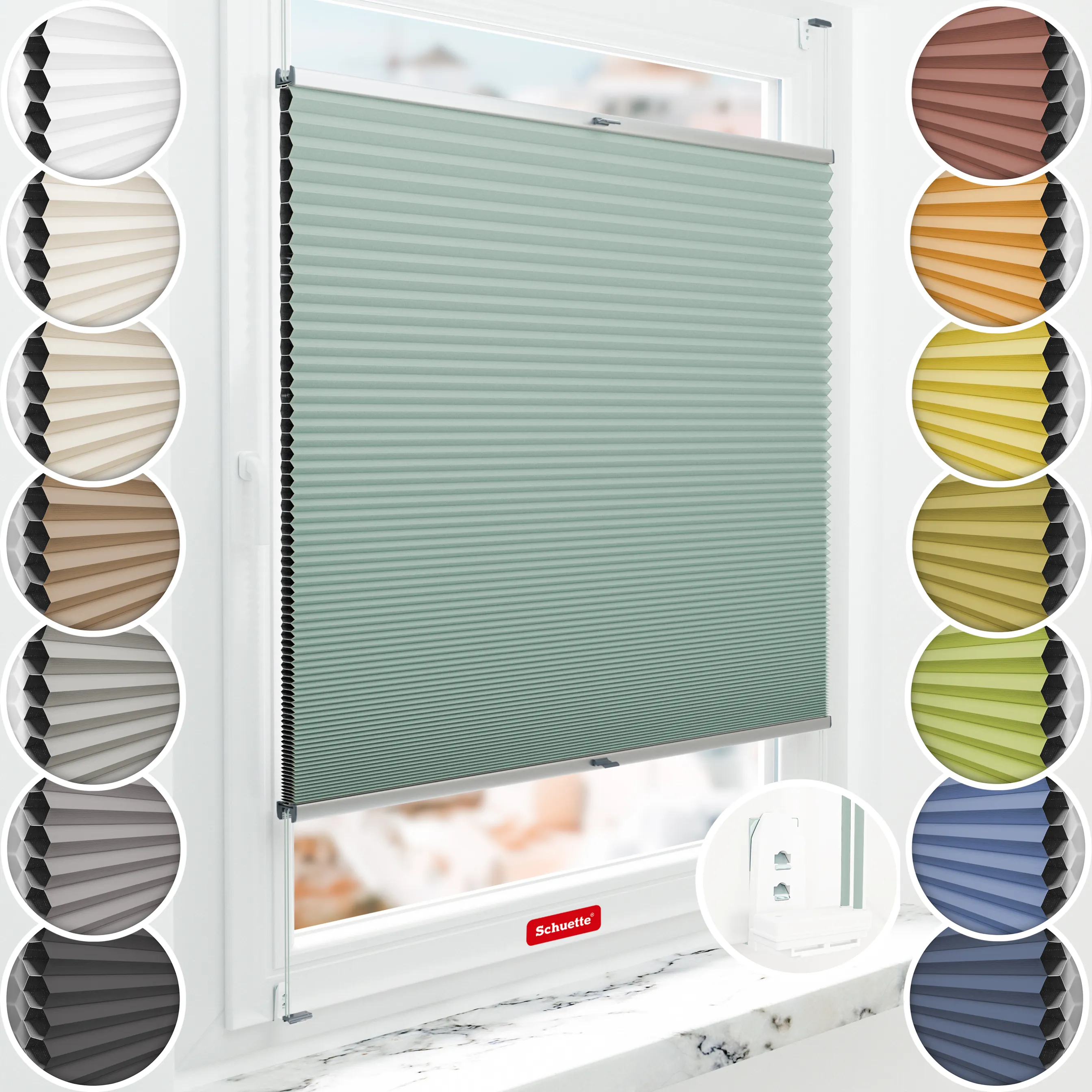 Schuette® Wabenplissee mit Bohren nach Maß • Suprafix "Double 2in1" Schraub- & Klemmhalter • Honey Kollektion: Wicked Emerald (Blassgrün) • Profilfarbe: Silber