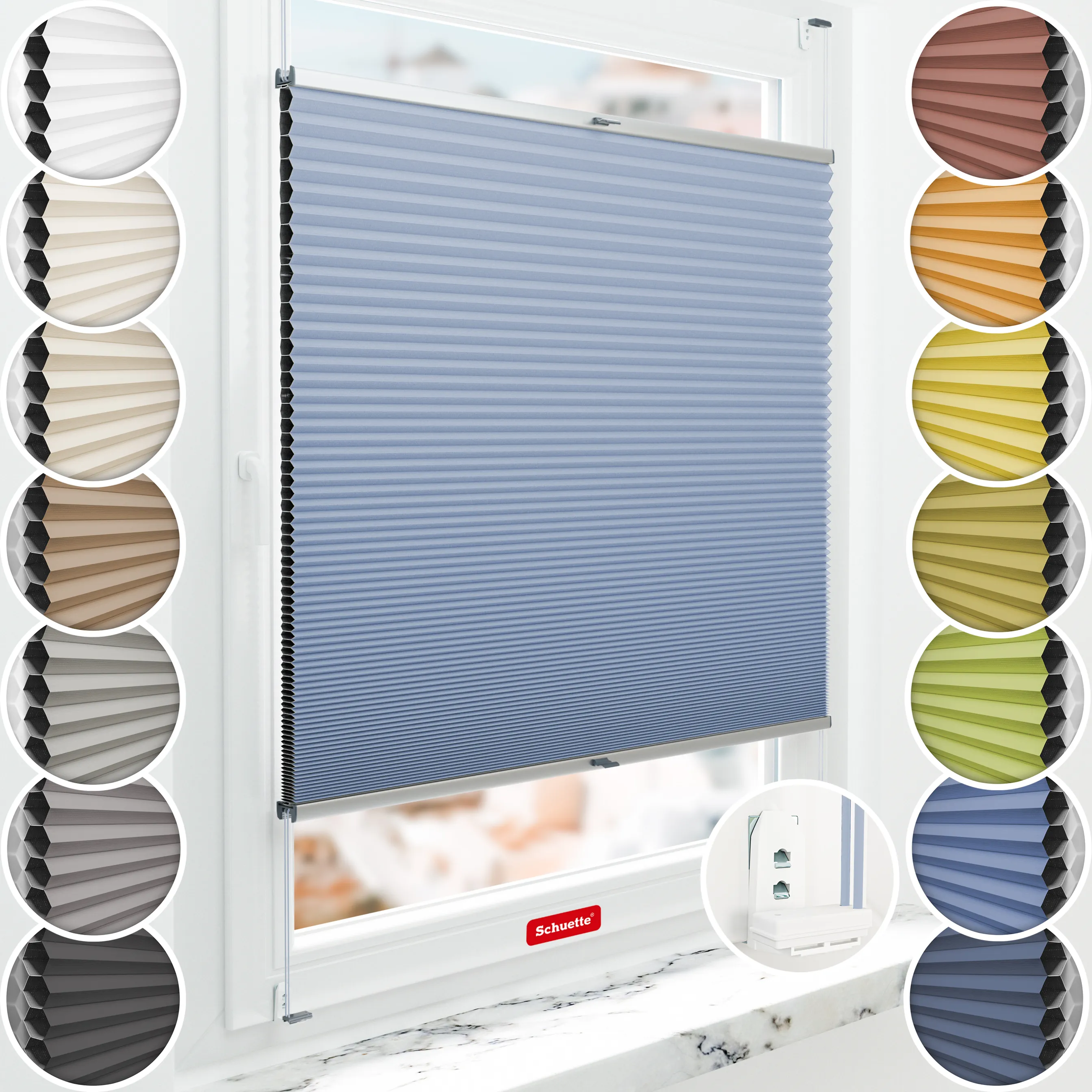 Schuette® Wabenplissee mit Bohren nach Maß • Suprafix "Double 2in1" Schraub- & Klemmhalter• Honey Kollektion: Ocean Drive (Hellblau) • Profilfarbe: Silber