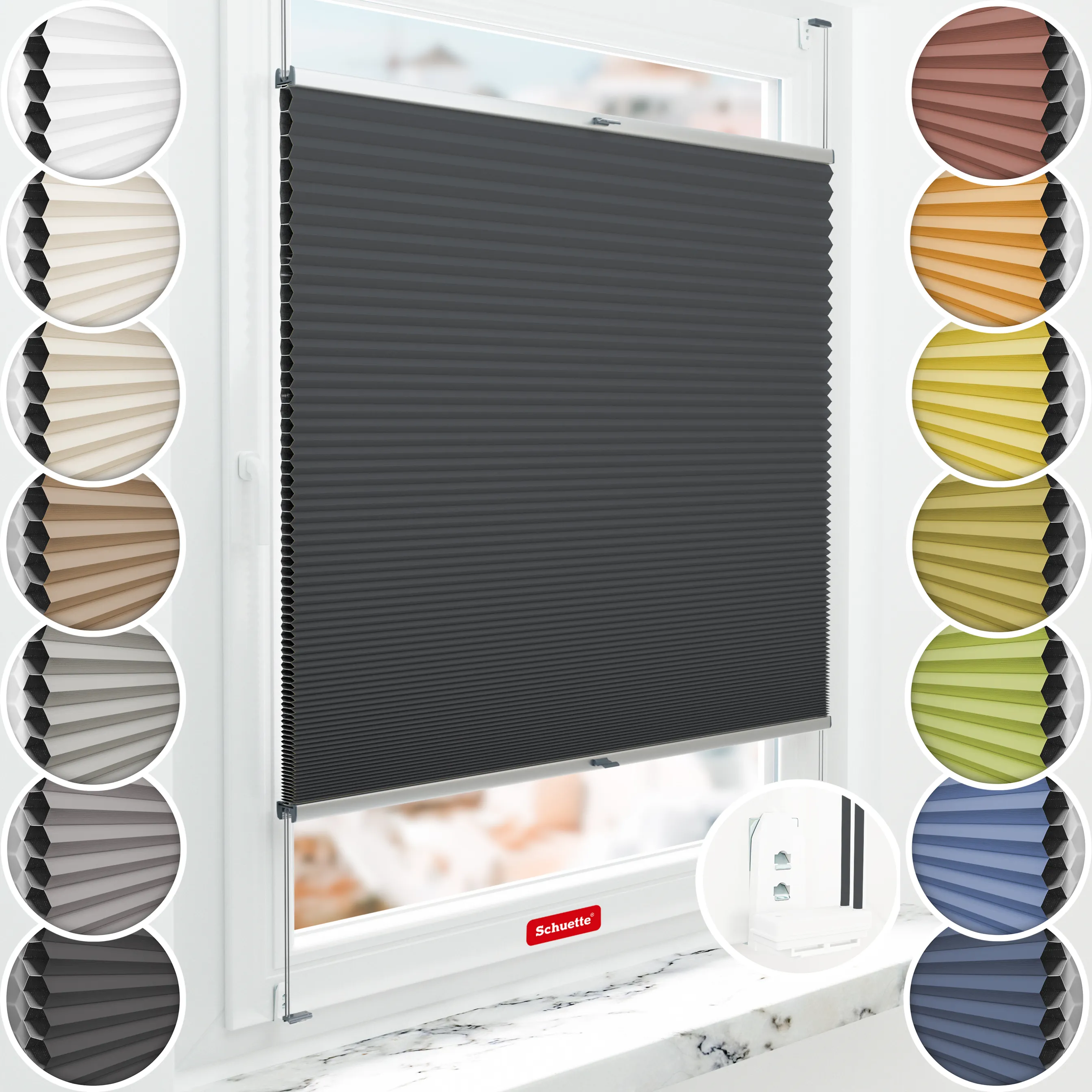 Schuette® Wabenplissee mit Bohren nach Maß • Suprafix "Double 2in1" Schraub- & Klemmhalter • Honey Kollektion: Night Rider (Anthrazit) • Profilfarbe: Silber