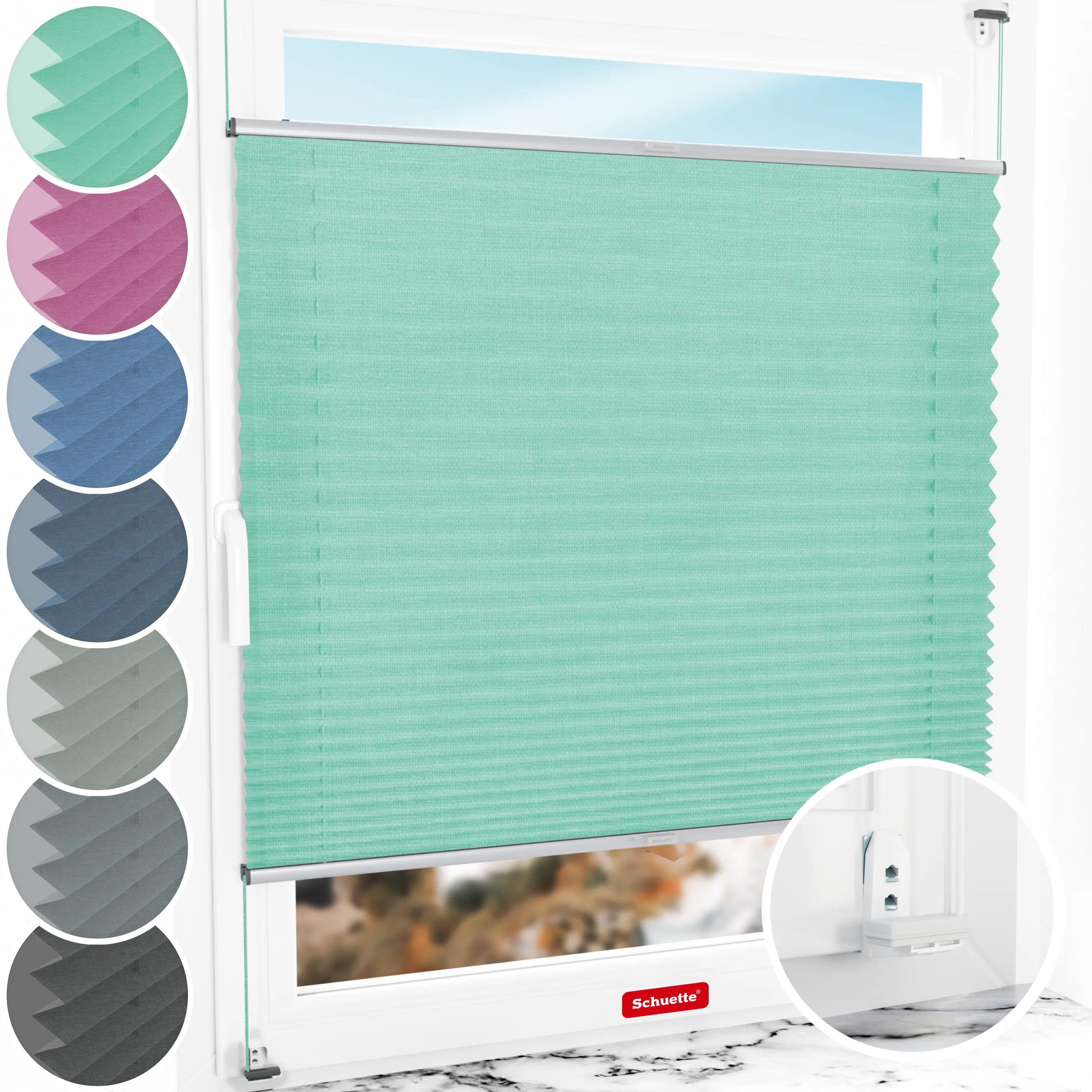 Schuette® Plissee mit Bohren nach Maß • Suprafix "Double 2in1" Schraub- & Klemmhalter • Melange Kollektion: Mint Ice Cream (Grün) • Profilfarbe: Silber