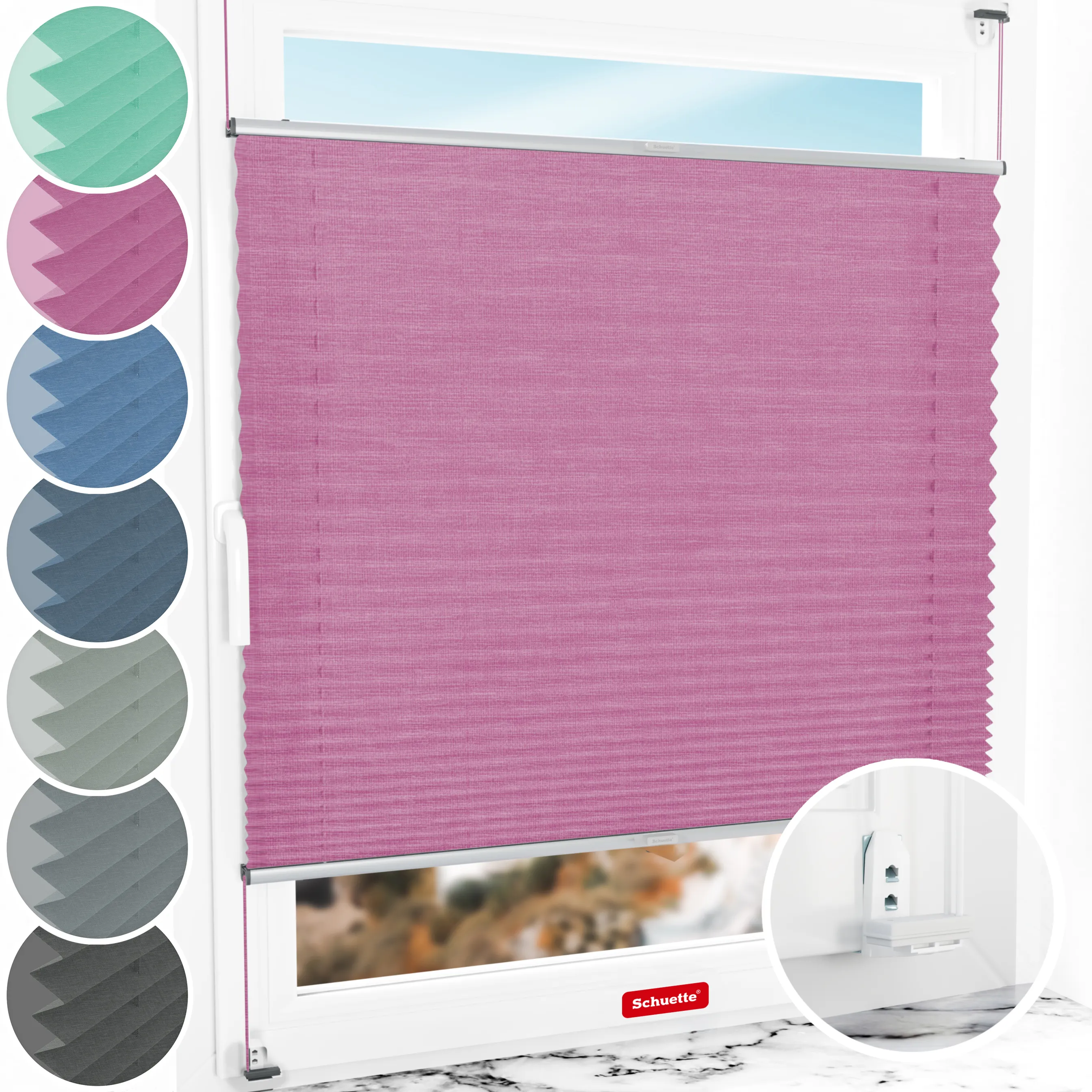 Schuette® Plissee mit Bohren nach Maß • Suprafix "Double 2in1" Schraub- & Klemmhalter • Melange Kollektion: Magic Pink (Rosa) • Profilfarbe: Silber