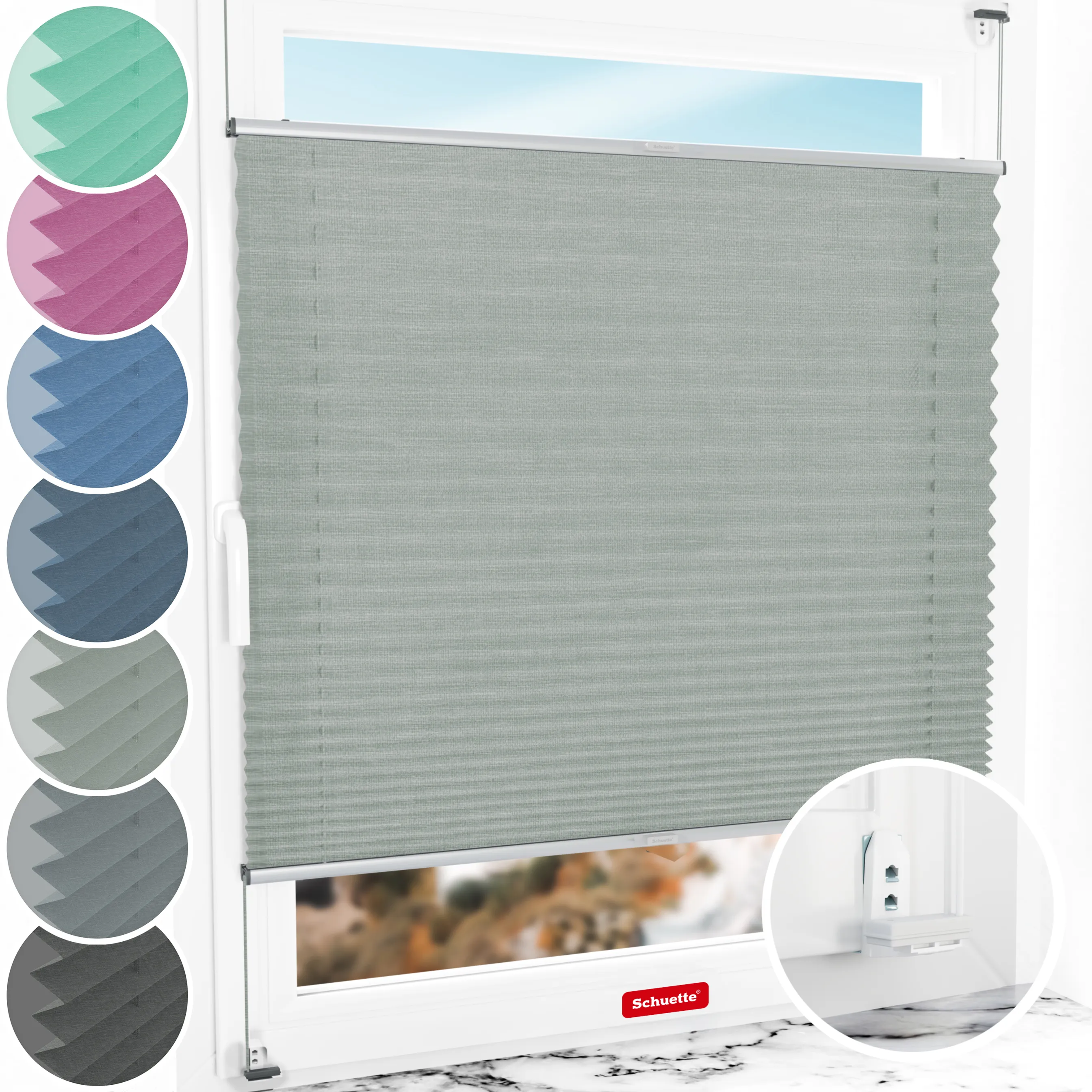 Schuette® Plissee mit Bohren nach Maß • Suprafix "Double 2in1" Schraub- & Klemmhalter • Melange Kollektion: On The Road (Grau) • Profilfarbe: Silber