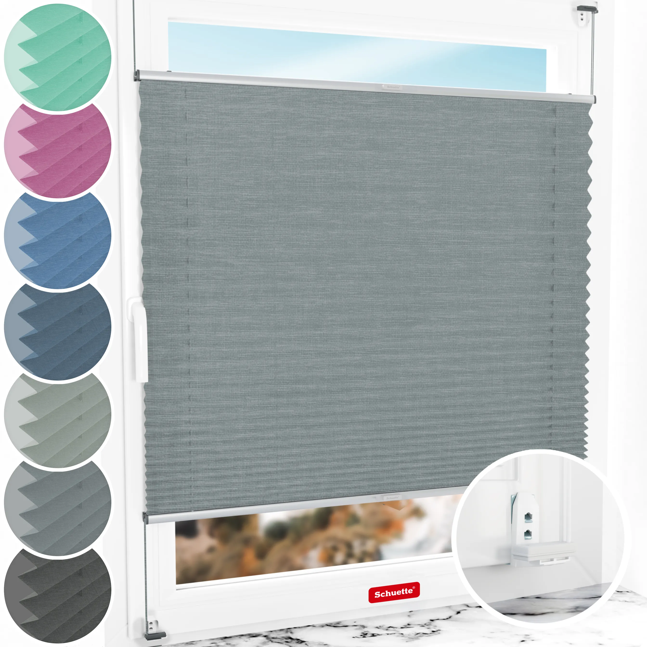 Schuette® Plissee mit Bohren nach Maß • Suprafix "Double 2in1" Schraub- & Klemmhalter • Melange Kollektion: Rocky Mountain (Grau) • Profilfarbe: Silber