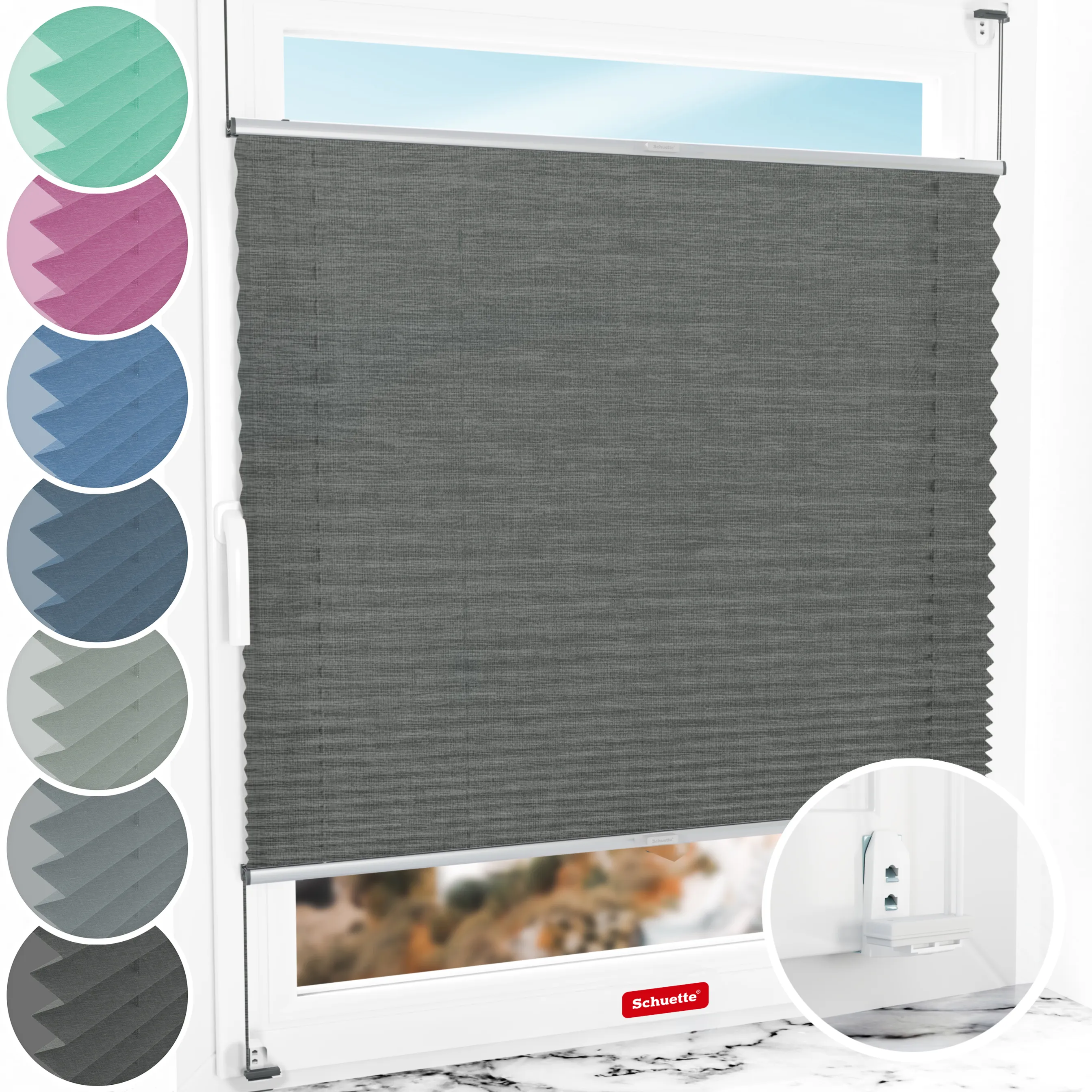 Schuette® Plissee mit Bohren nach Maß • Suprafix "Double 2in1" Schraub- & Klemmhalter • Melange Kollektion: Black Pearl (Schwarz) • Profilfarbe: Silber