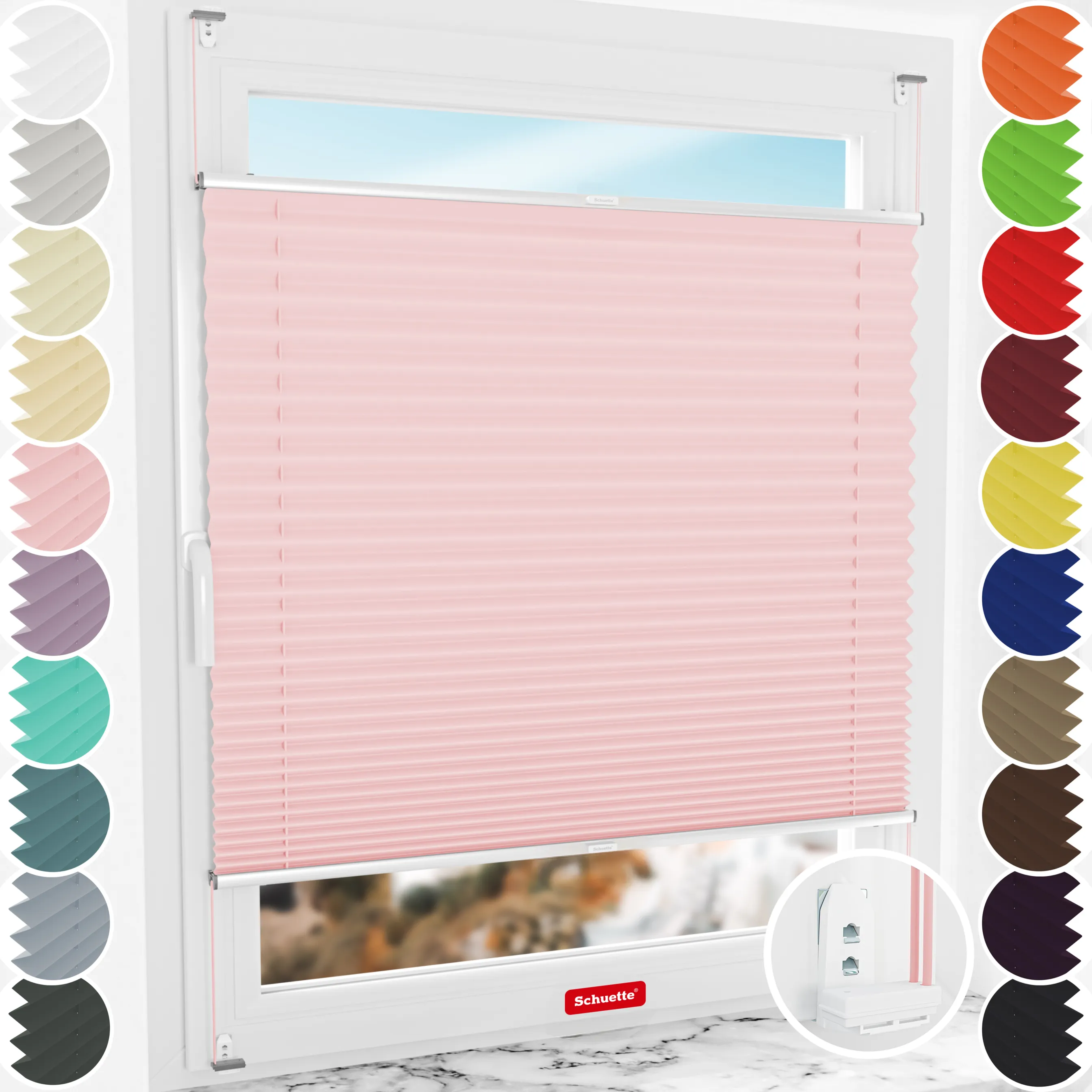 Schuette® Plissee mit Bohren nach Maß • Suprafix "Double 2in1" Schraub- & Klemmhalter • Premium Kollektion: Powdered Rose (Rosa) • Profilfarbe: Silber
