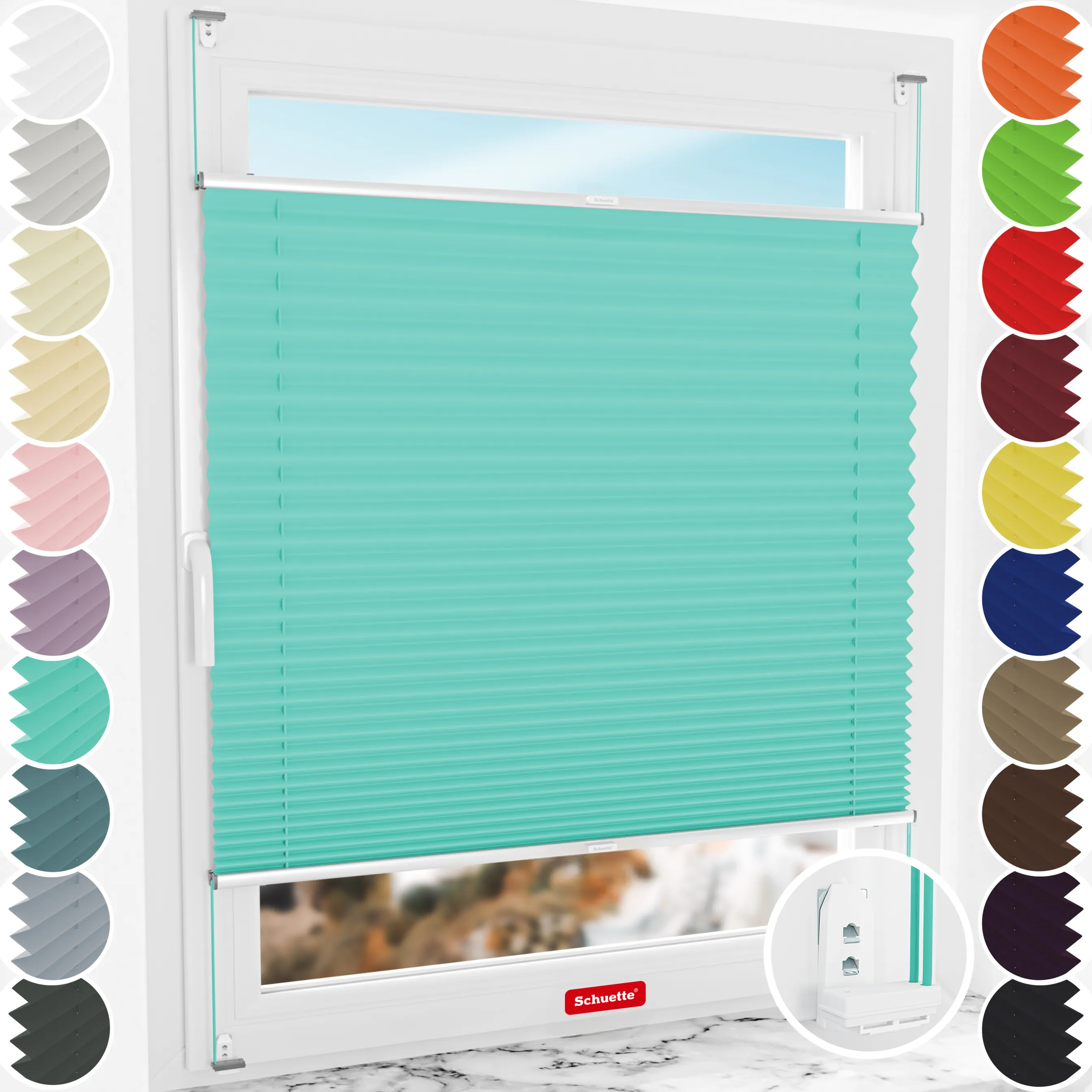 Schuette® Plissee mit Bohren nach Maß • Suprafix "Double 2in1" Schraub- & Klemmhalter • Premium Kollektion: Blue Ocean (Türkis) • Profilfarbe: Silber