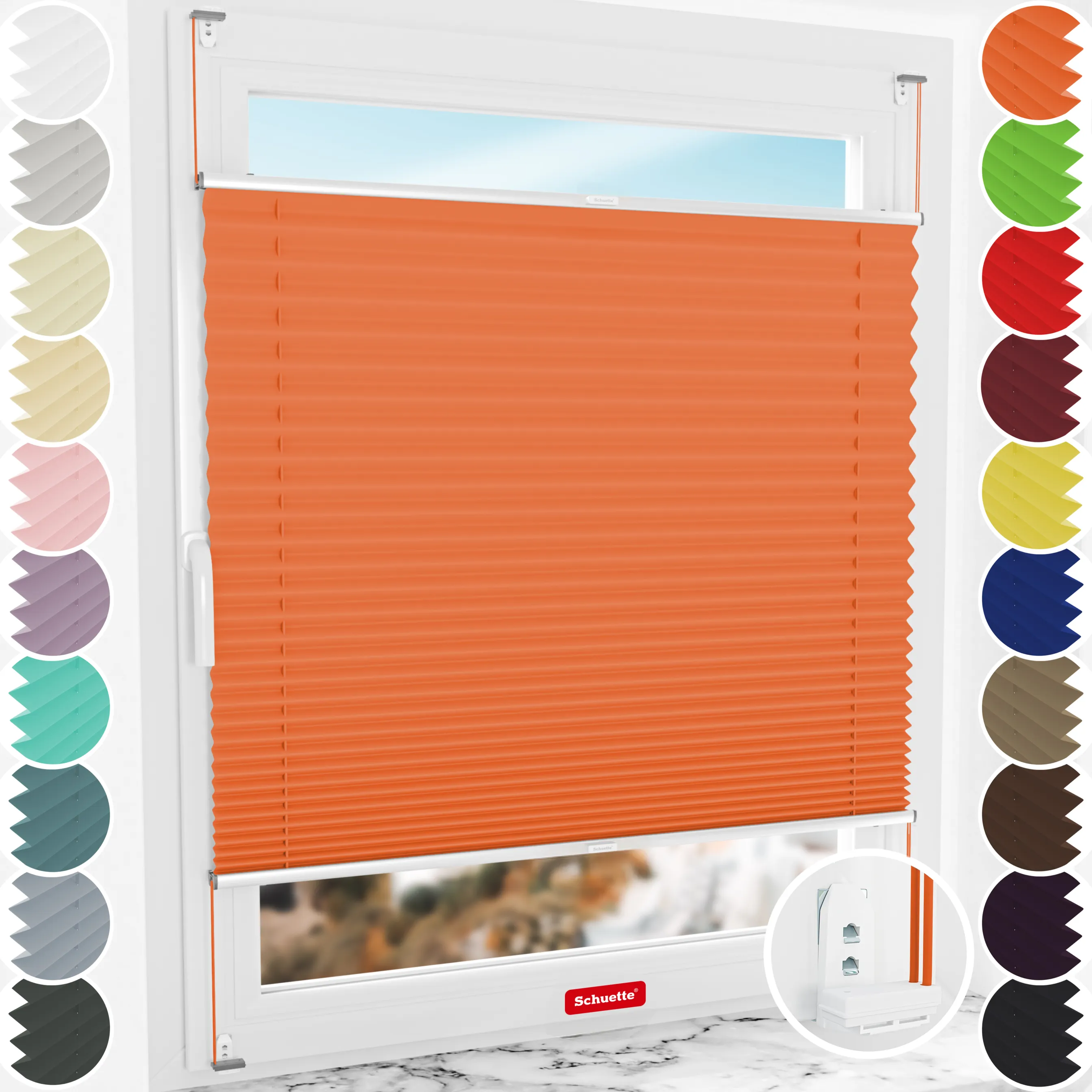 Schuette® Plissee mit Bohren nach Maß • Suprafix "Double 2in1" Schraub- & Klemmhalter • Premium Kollektion: Sunset (Orange) • Profilfarbe: Silber