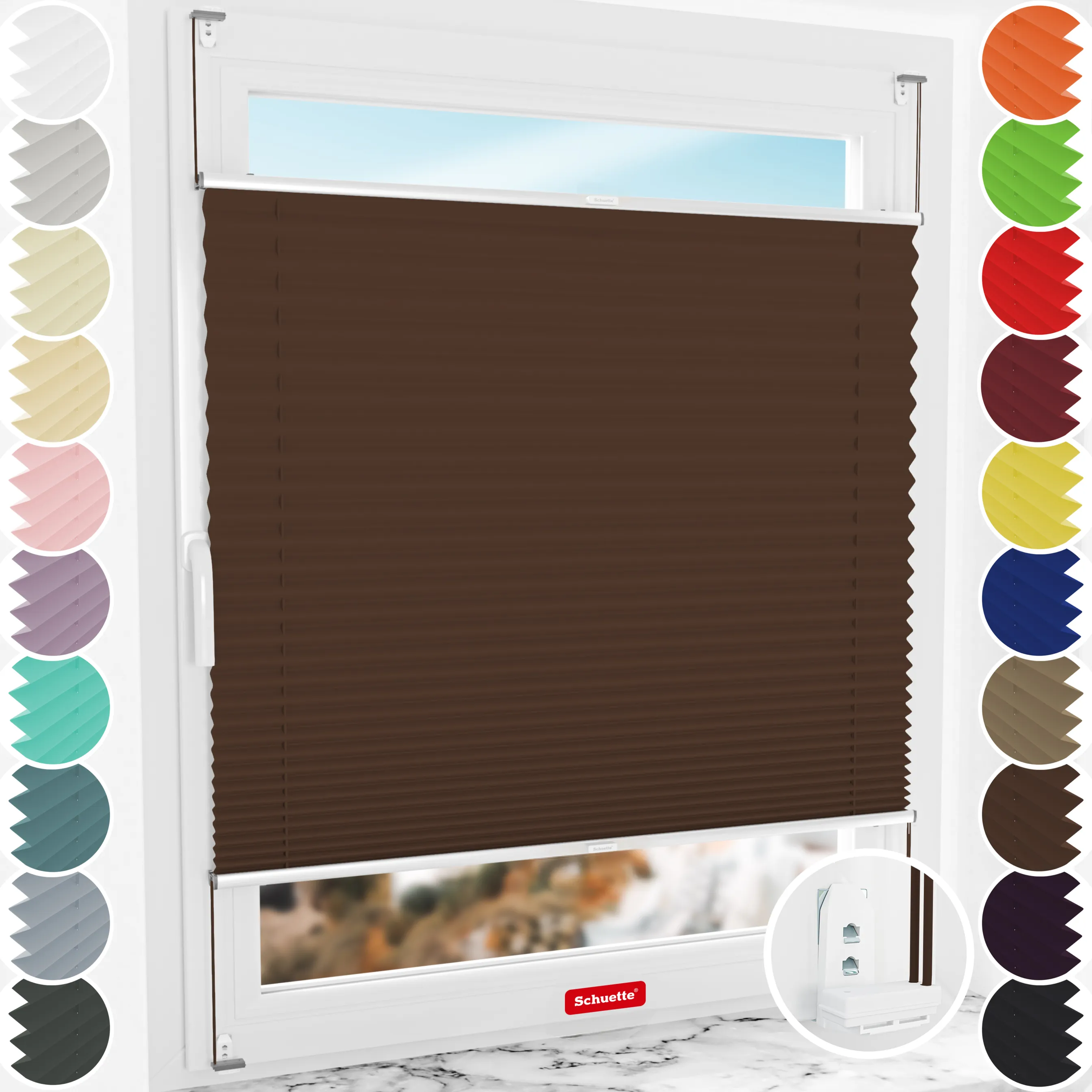 Schuette® Plissee mit Bohren nach Maß • Suprafix "Double 2in1" Schraub- & Klemmhalter • Premium Kollektion: Hot Chocolate (Dunkelbraun) • Profilfarbe: Silber
