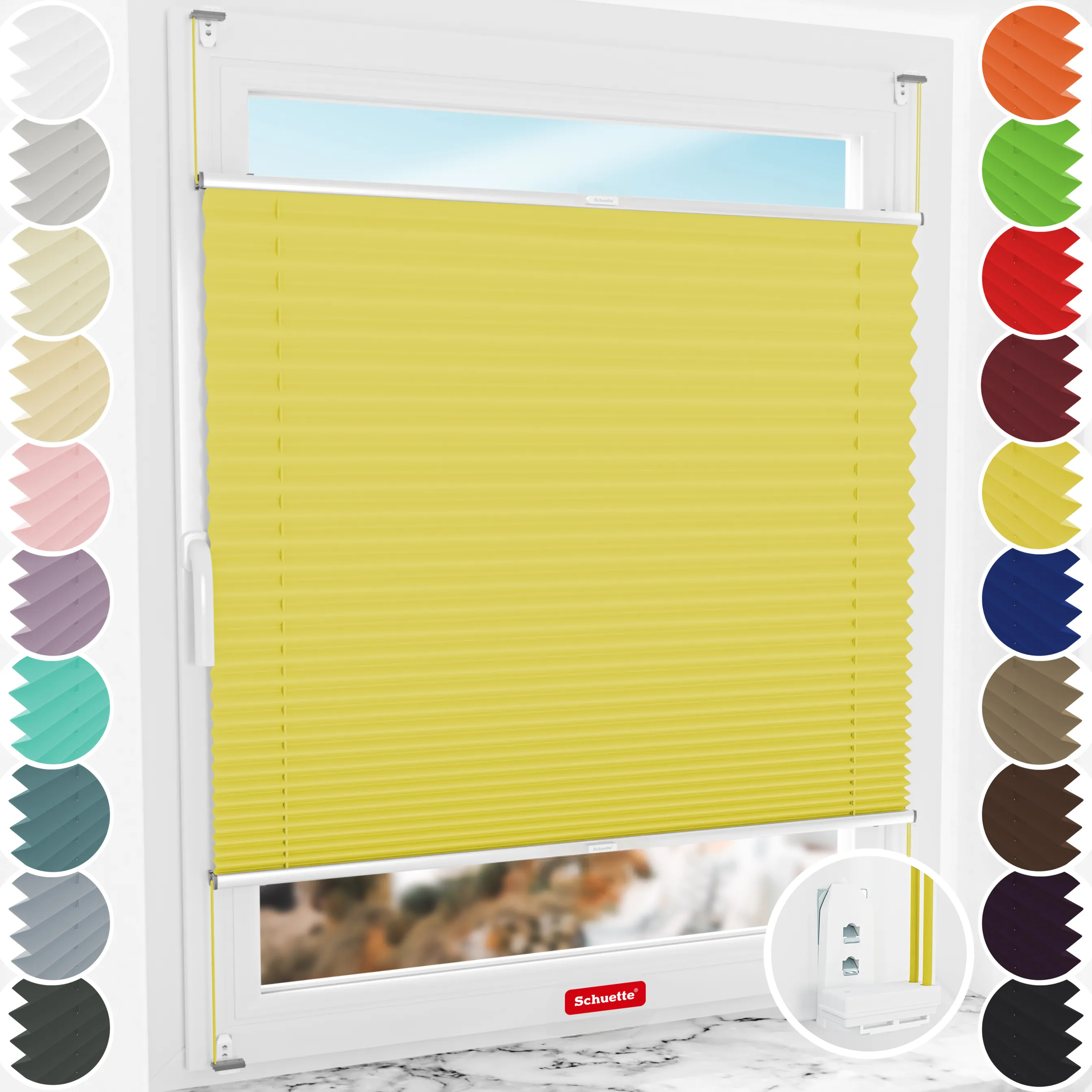 Schuette® Plissee mit Bohren nach Maß • Suprafix "Double 2in1" Schraub- & Klemmhalter • Premium Kollektion: Summer Time (Gelb) • Profilfarbe: Silber