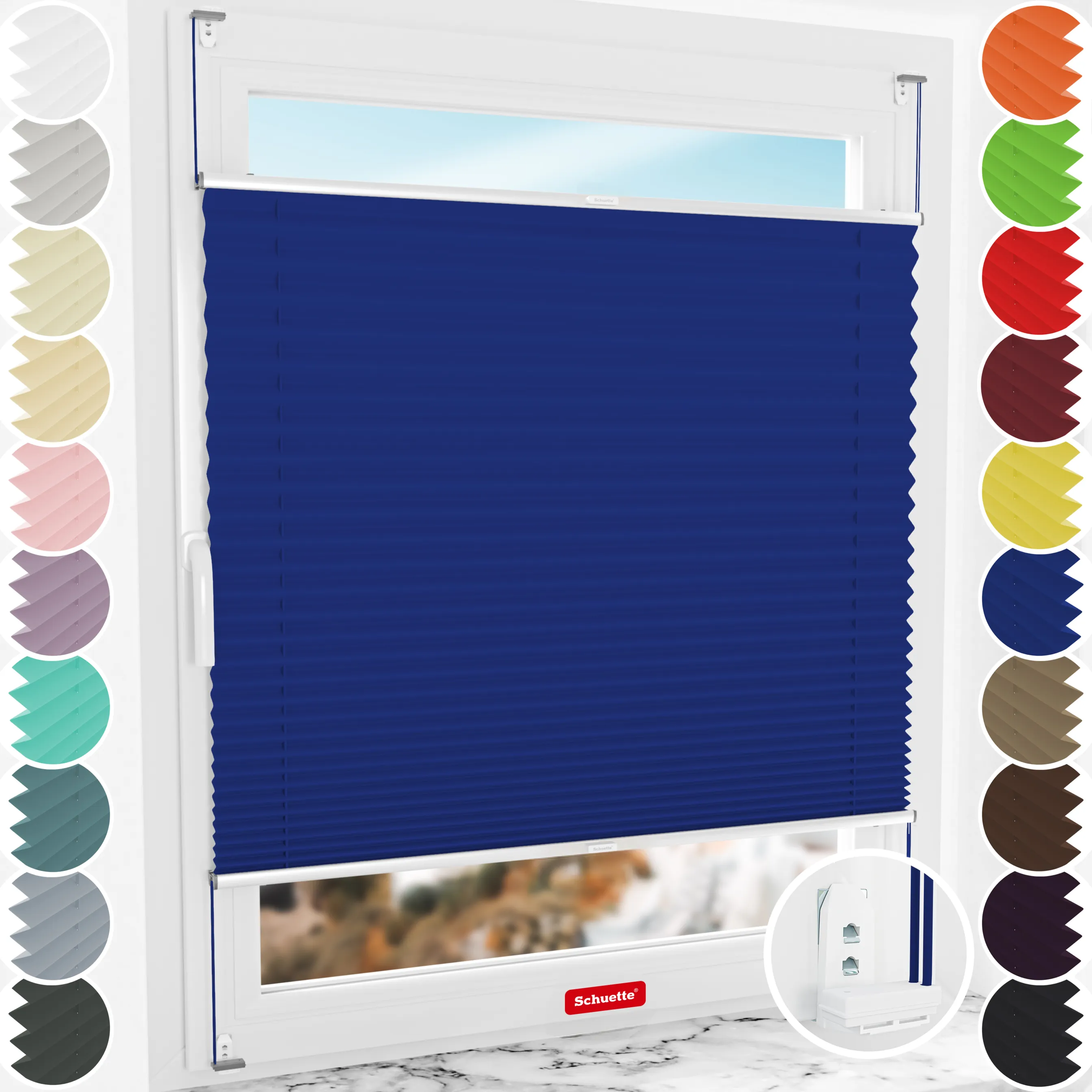 Schuette® Plissee mit Bohren nach Maß • Suprafix "Double 2in1" Schraub- & Klemmhalter • Premium Kollektion: Deep Lagoon (Blau) • Profilfarbe: Silber
