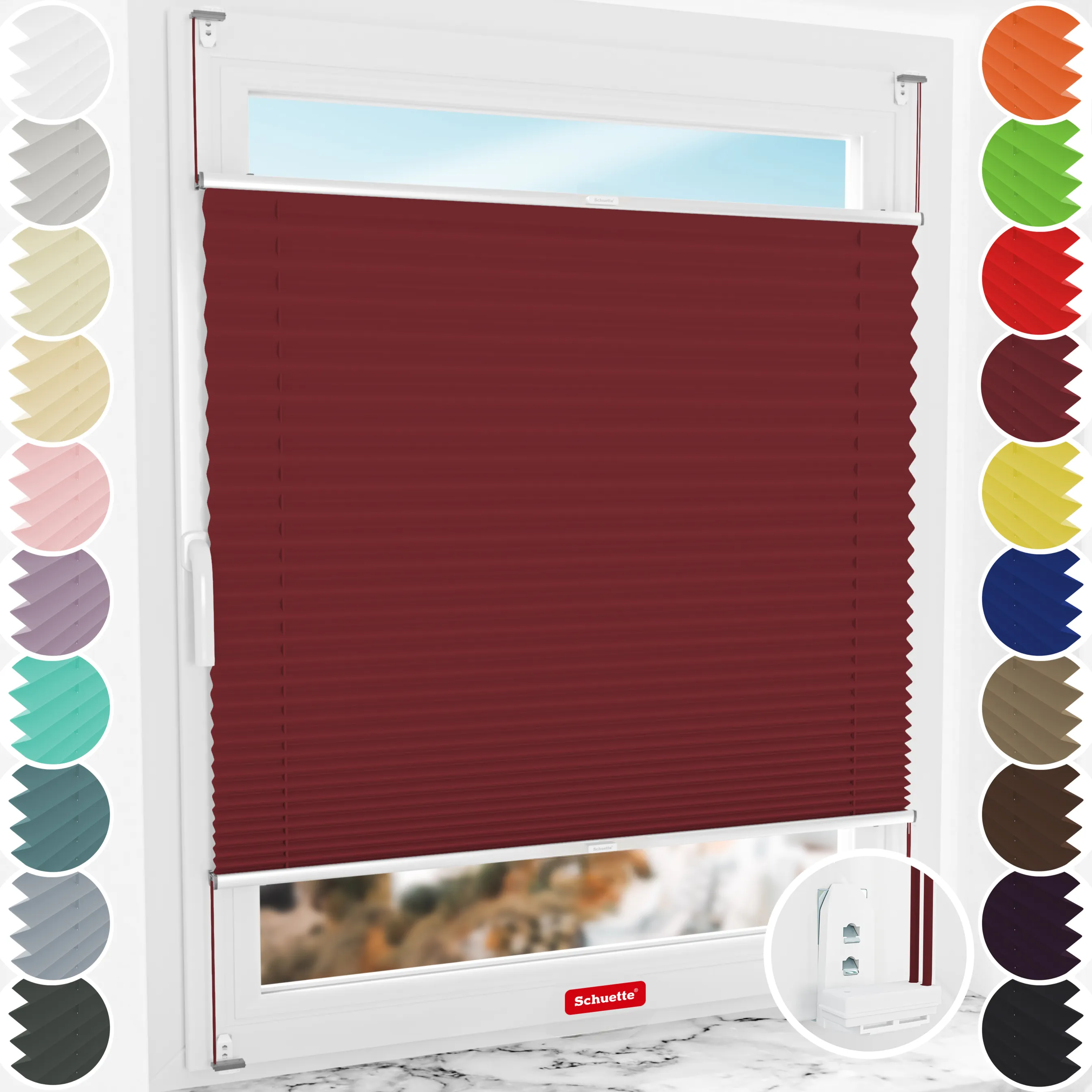 Schuette® Plissee mit Bohren nach Maß • Suprafix "Double 2in1" Schraub- & Klemmhalter • Premium Kollektion: Ruby Riddle (Dunkelrot) • Profilfarbe: Silber