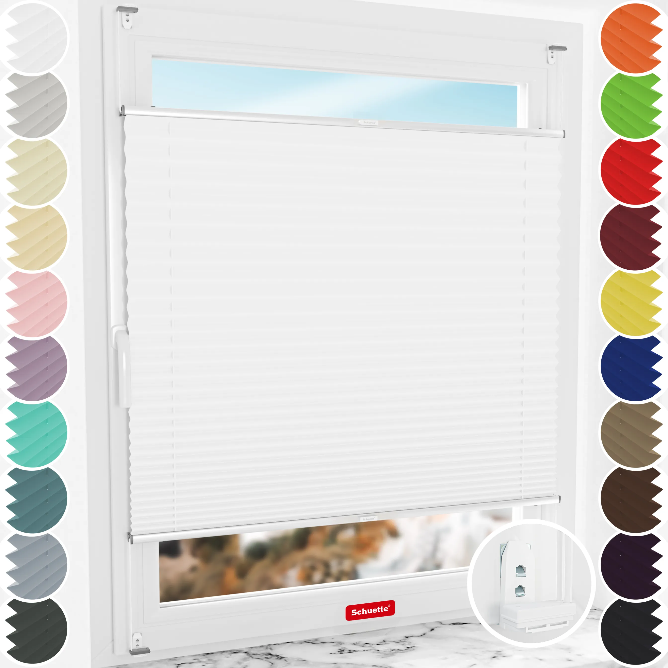 Schuette® Plissee mit Bohren nach Maß • Suprafix "Double 2in1" Schraub- & Klemmhalter • Thermo Kollektion: White Day (Weiß) • Profilfarbe: Silber