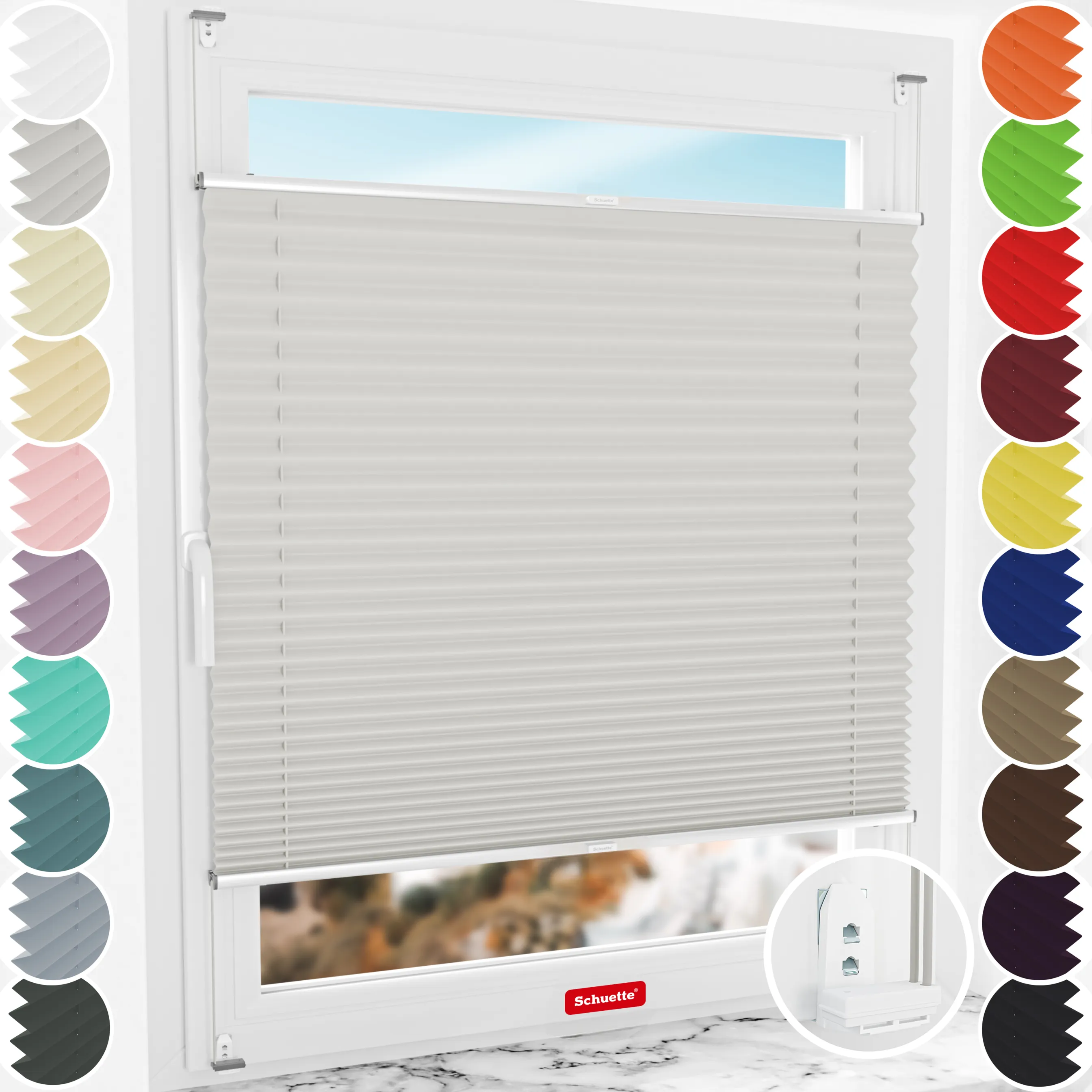 Schuette® Plissee mit Bohren nach Maß • Suprafix "Double 2in1" Schraub- & Klemmhalter • Thermo Kollektion: Spring Cloud (Grau) • Profilfarbe: Silber