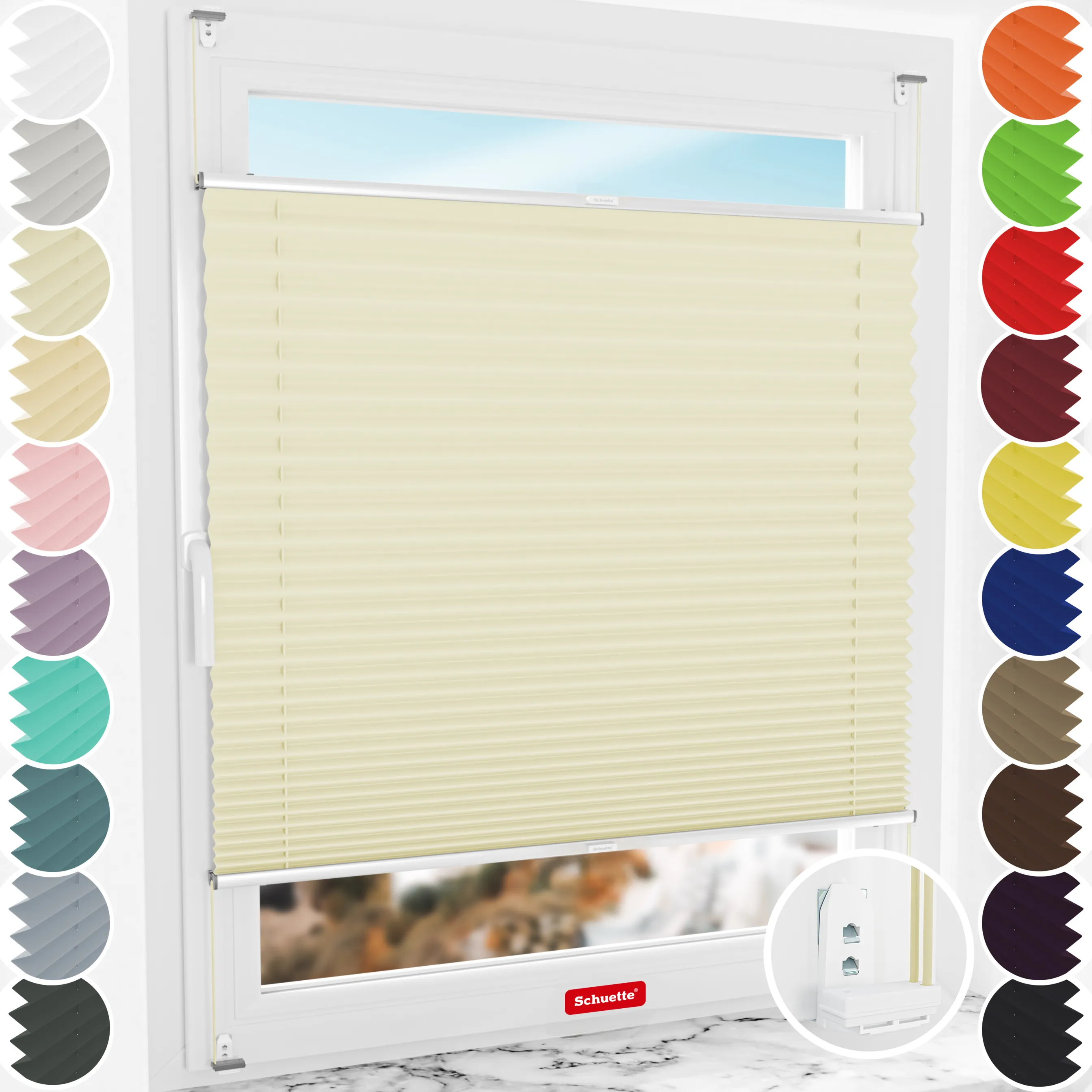 Schuette® Plissee mit Bohren nach Maß • Suprafix "Double 2in1" Schraub- & Klemmhalter • Thermo Kollektion: Milk Tea (Beige) • Profilfarbe: Silber