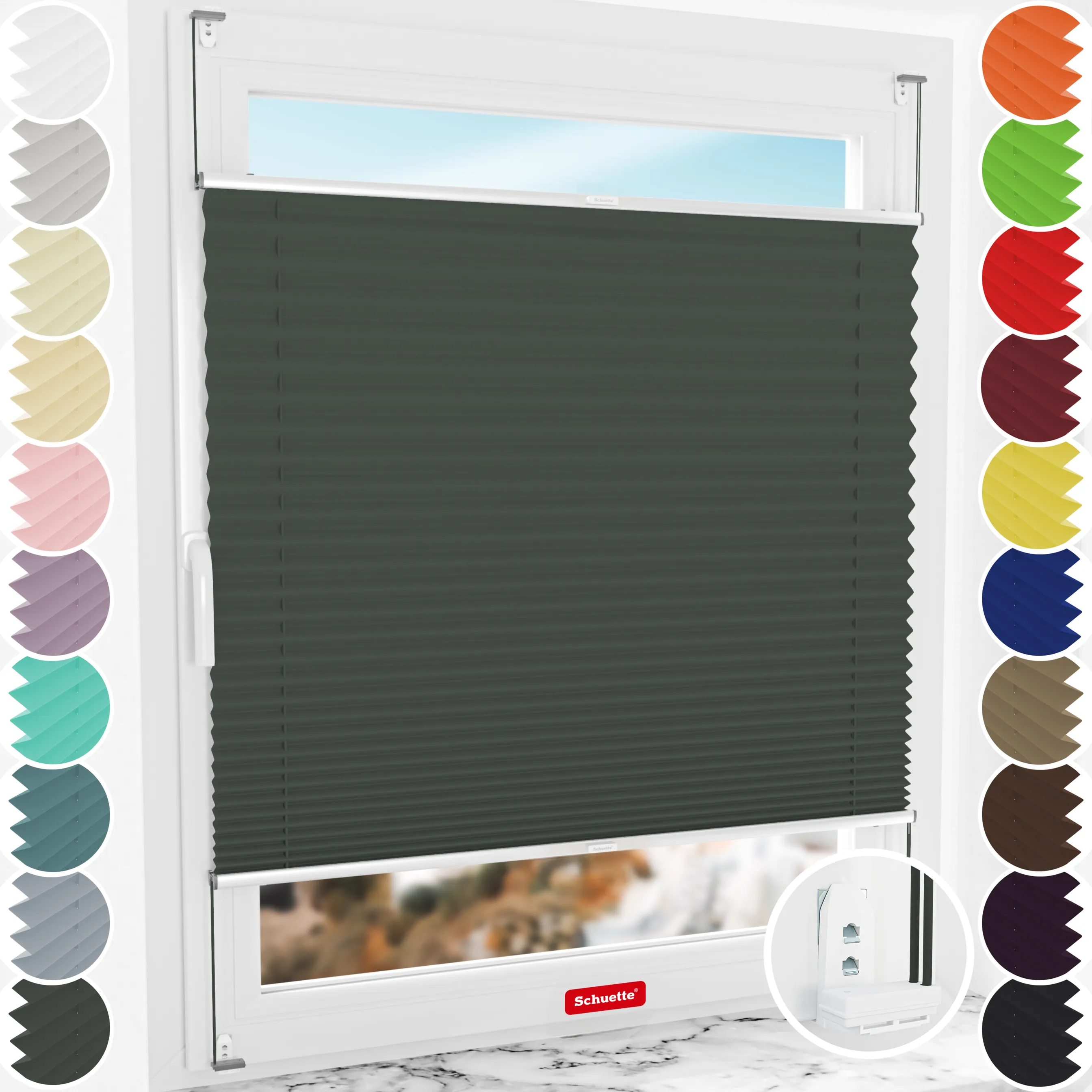 Schuette® Plissee mit Bohren nach Maß • Suprafix "Double 2in1" Schraub- & Klemmhalter • Thermo Kollektion: Before Storm (Grau) • Profilfarbe: Silber