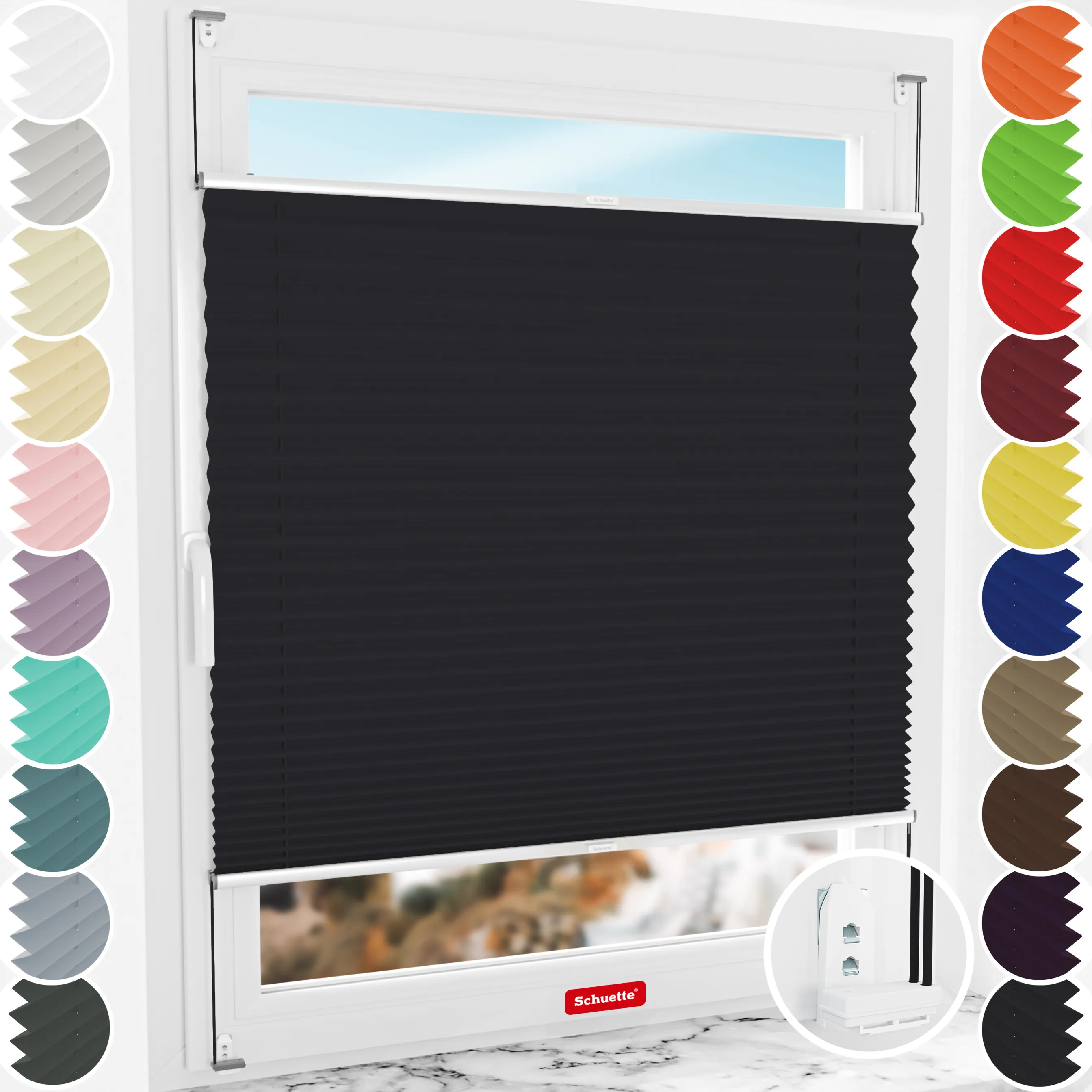 Schuette® Plissee mit Bohren nach Maß • Suprafix "Double 2in1" Schraub- & Klemmhalter • Thermo Kollektion: Dark Night (Schwarz) • Profilfarbe: Silber