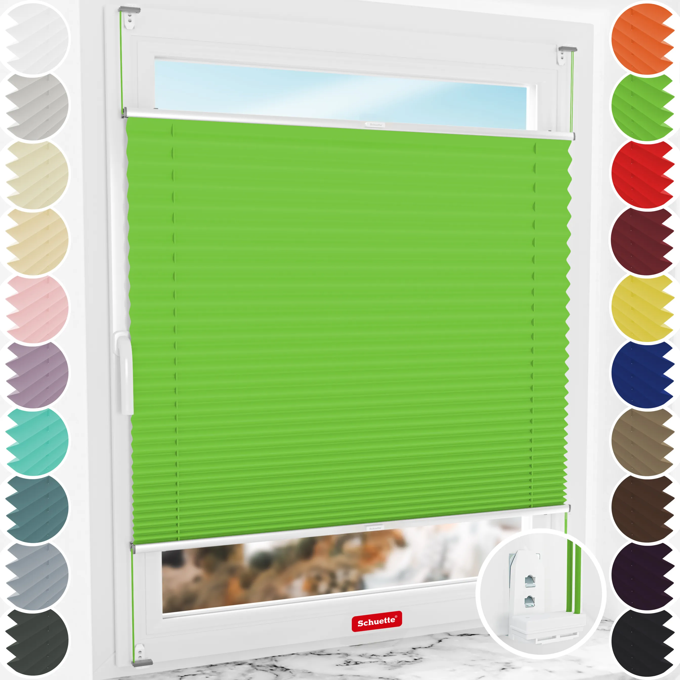 Schuette® Plissee mit Bohren nach Maß • Suprafix "Double 2in1" Schraub- & Klemmhalter • Thermo Kollektion: Leaf Joy (Grün) • Profilfarbe: Silber