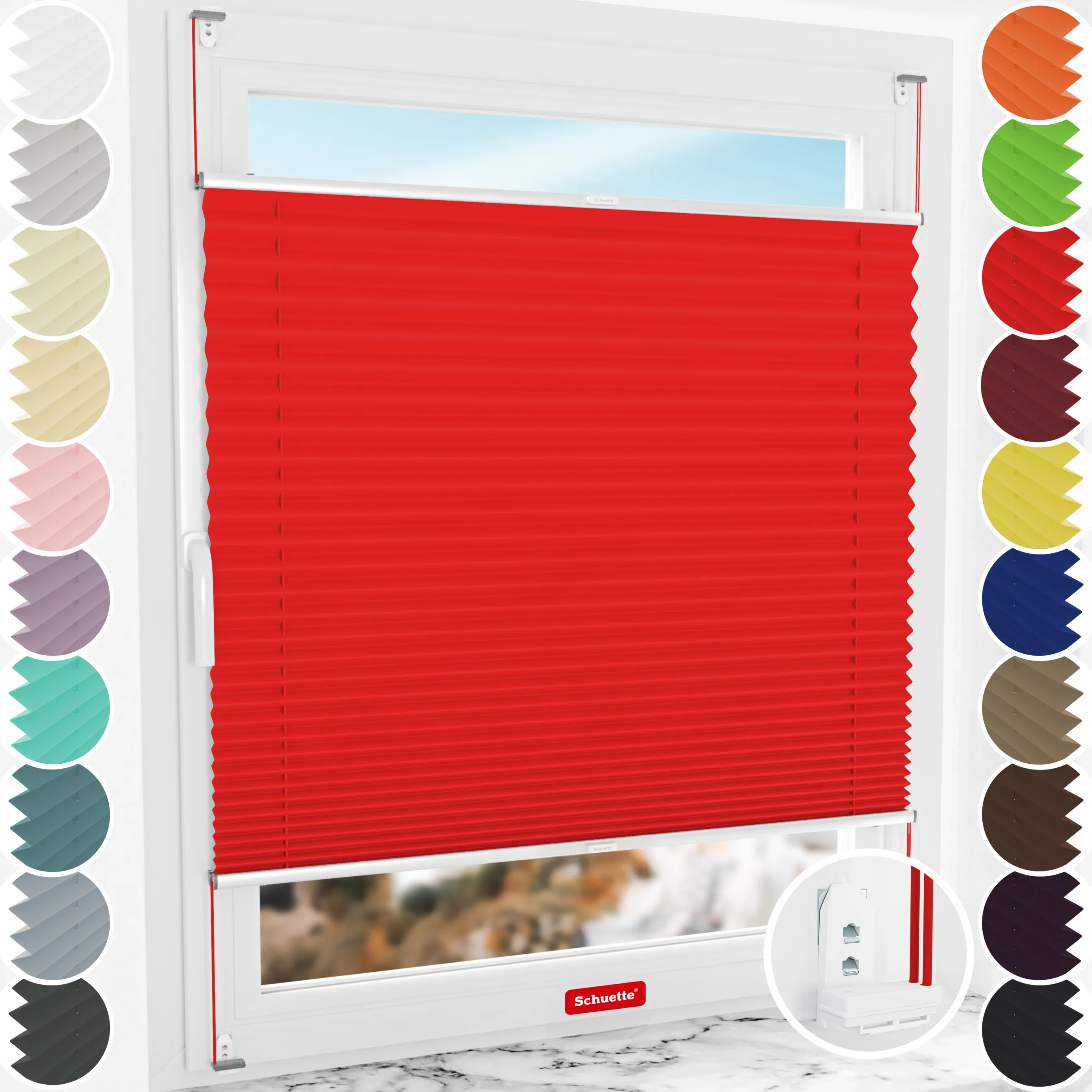 Schuette® Plissee mit Bohren nach Maß • Suprafix "Double 2in1" Schraub- & Klemmhalter • Thermo Kollektion: Cherry Charm (Rot) • Profilfarbe: Silber