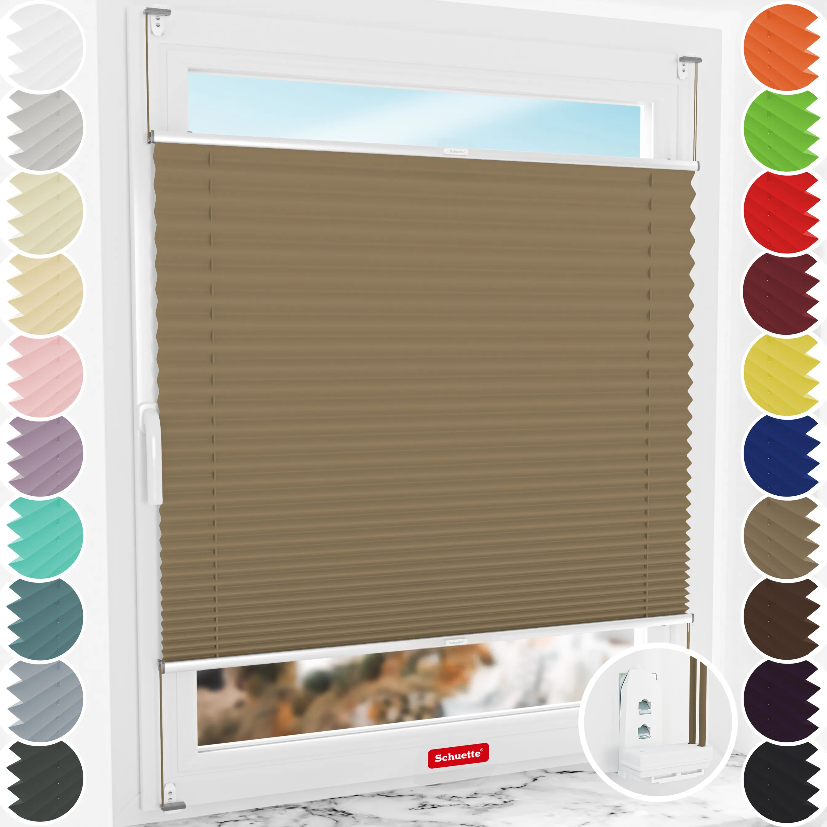 Schuette® Plissee mit Bohren nach Maß • Suprafix "Double 2in1" Schraub- & Klemmhalter • Thermo Kollektion: Mocha Dream (Hellbraun) • Profilfarbe: Silber