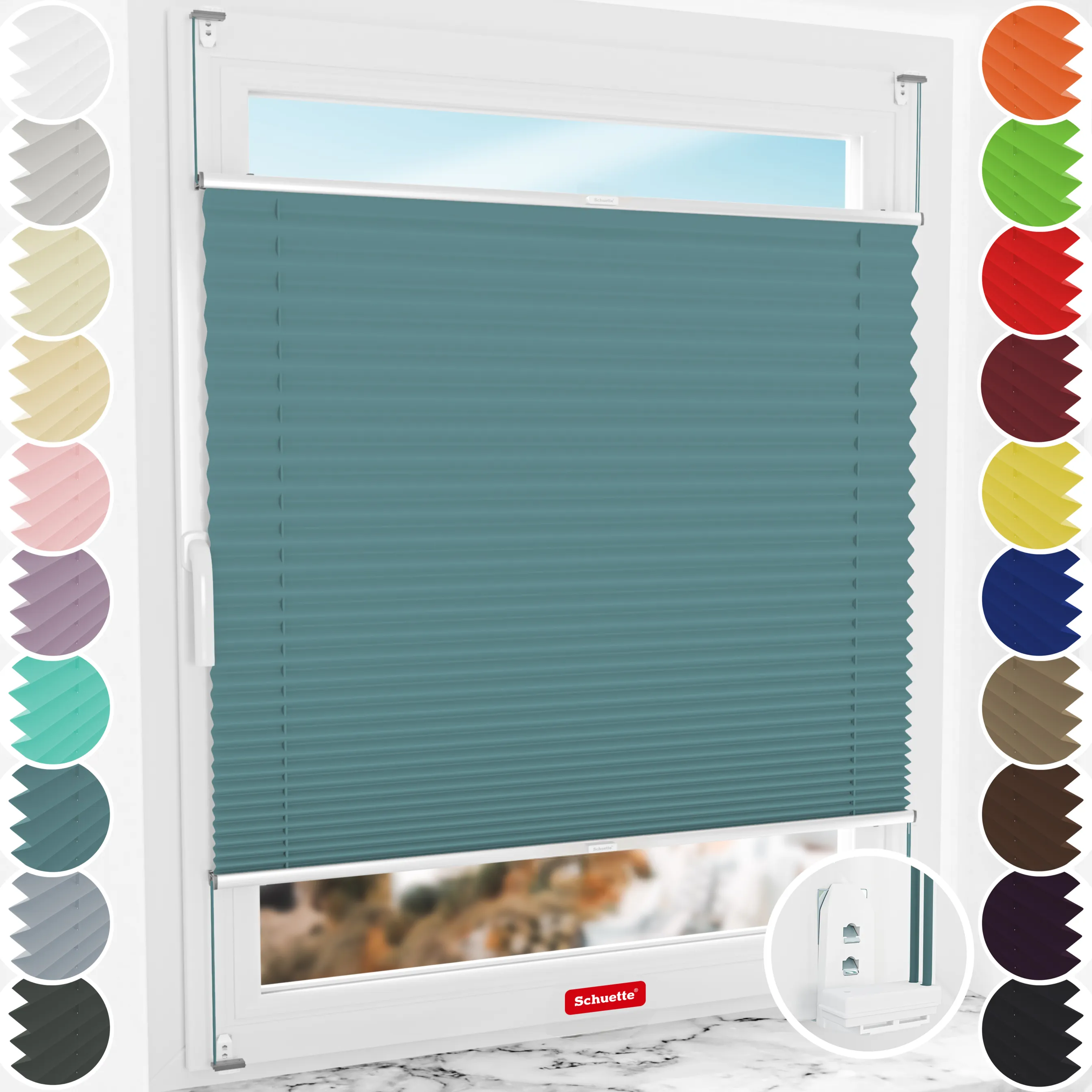 Schuette® Plissee mit Bohren nach Maß • Suprafix "Double 2in1" Schraub- & Klemmhalter • Thermo Kollektion: Teal Aura (Türkis) • Profilfarbe: Silber