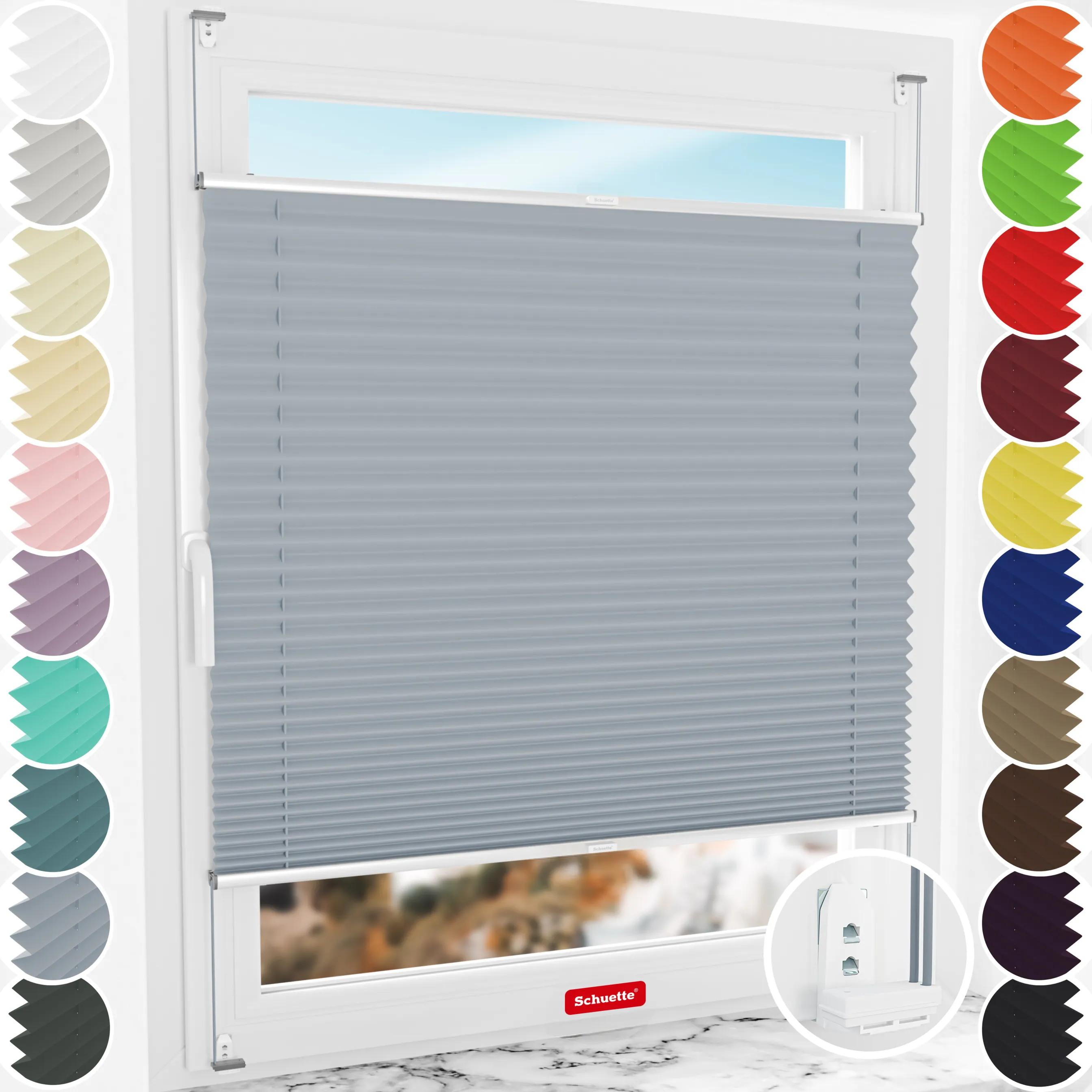 Schuette® Plissee mit Bohren nach Maß • Suprafix "Double 2in1" Schraub- & Klemmhalter • Thermo Kollektion: Iron Fog (Hellgrau) • Profilfarbe: Silber
