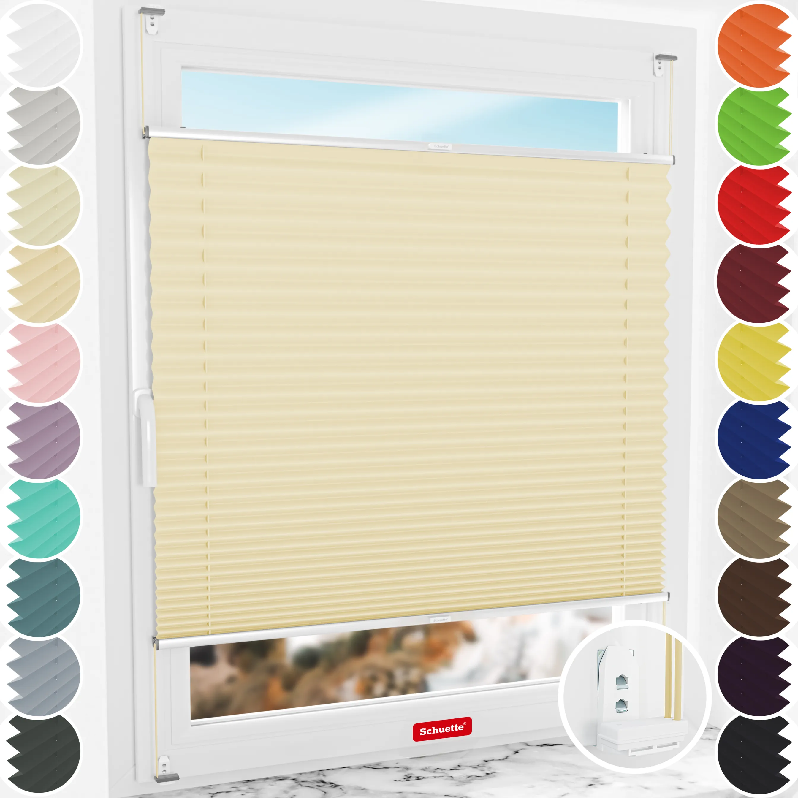 Schuette® Plissee mit Bohren nach Maß • Suprafix "Double 2in1" Schraub- & Klemmhalter • Thermo Kollektion: Sandstone (Beige) • Profilfarbe: Silber