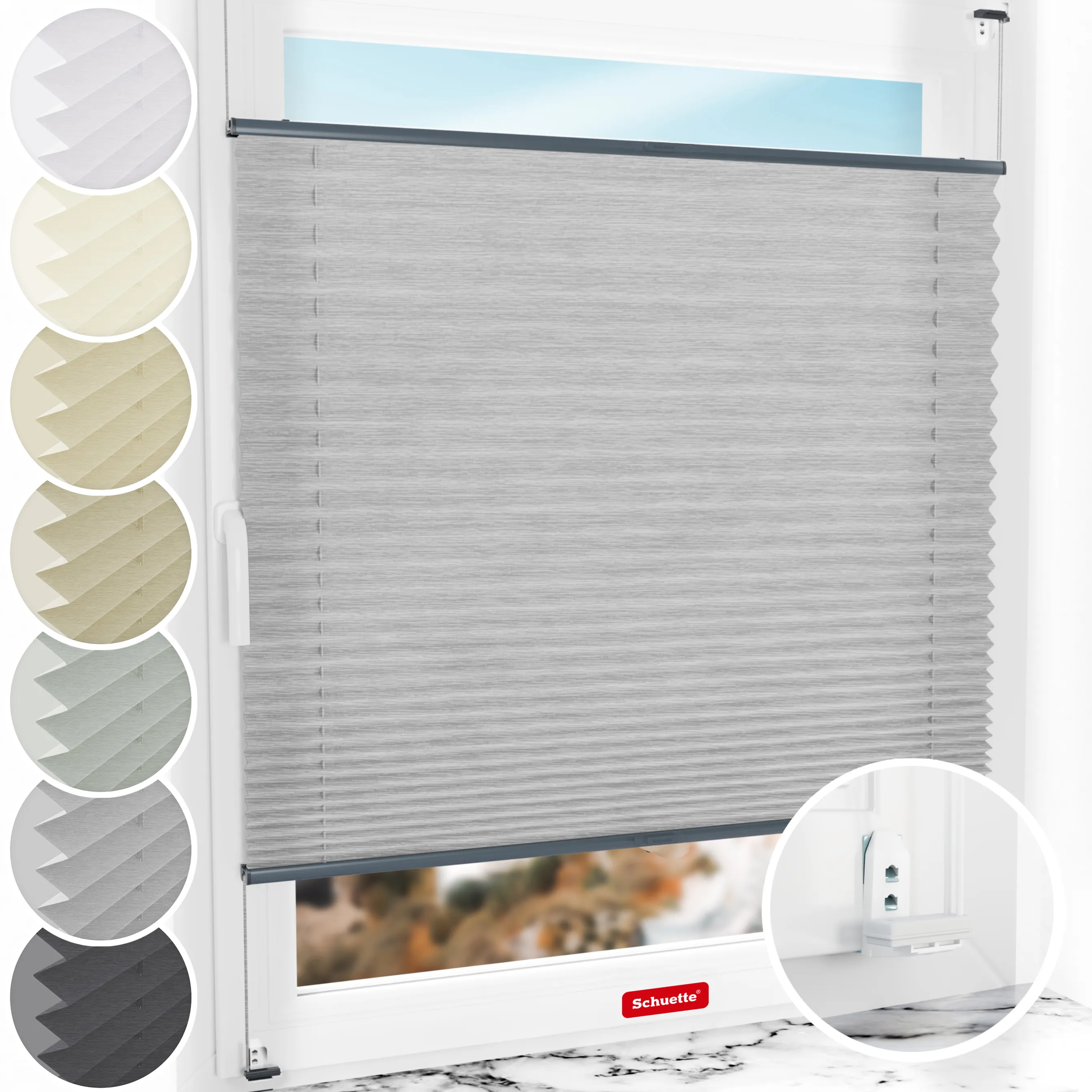 Schuette® Plissee mit Bohren nach Maß • Suprafix "Double 2in1" Schraub- & Klemmhalter • Dolomite Kollektion: Storm Gray (Grau) • Profilfarbe: Anthrazit