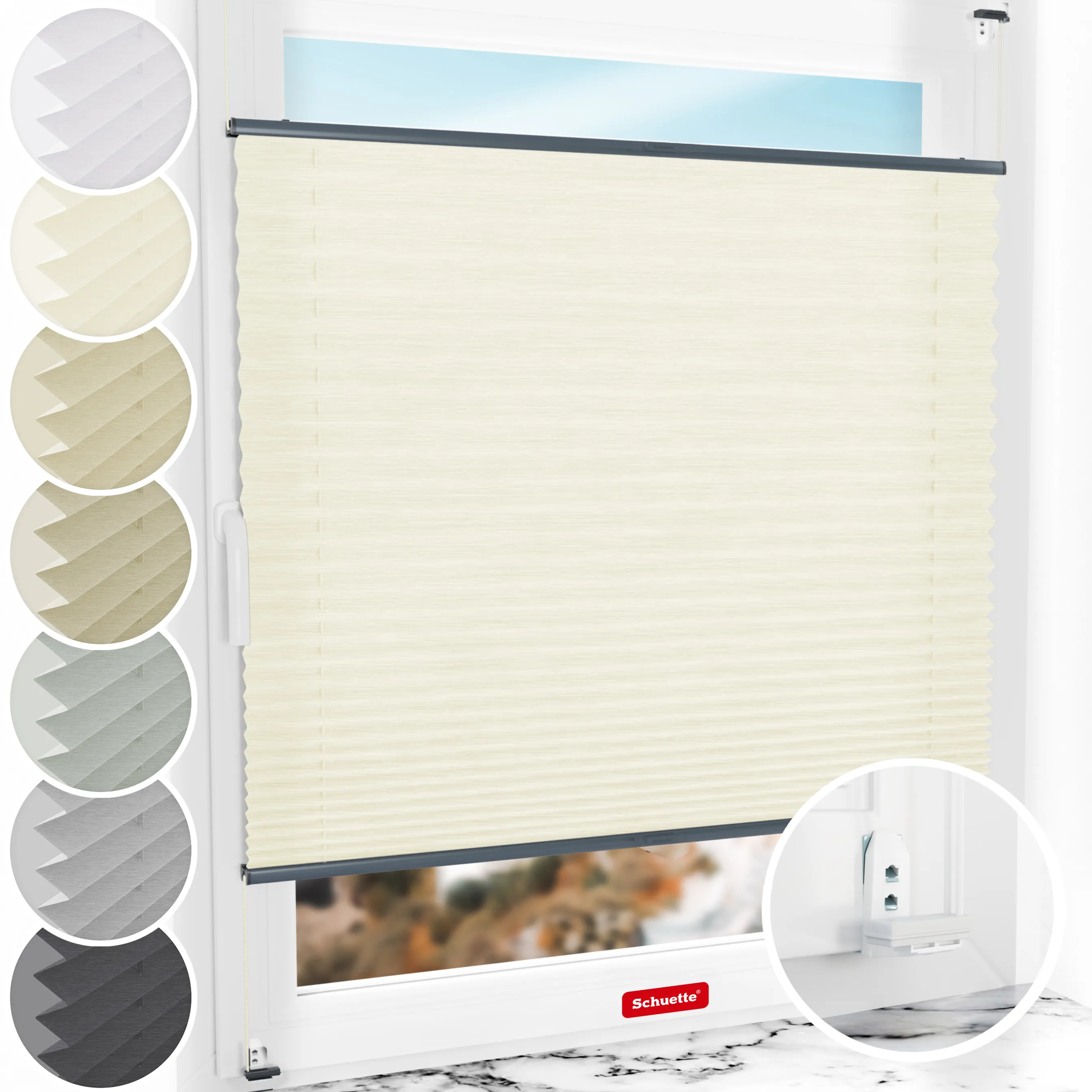 Schuette® Plissee mit Bohren nach Maß • Suprafix "Double 2in1" Schraub- & Klemmhalter • Dolomite Kollektion: Vanilla Sky (Beige) • Profilfarbe: Anthrazit