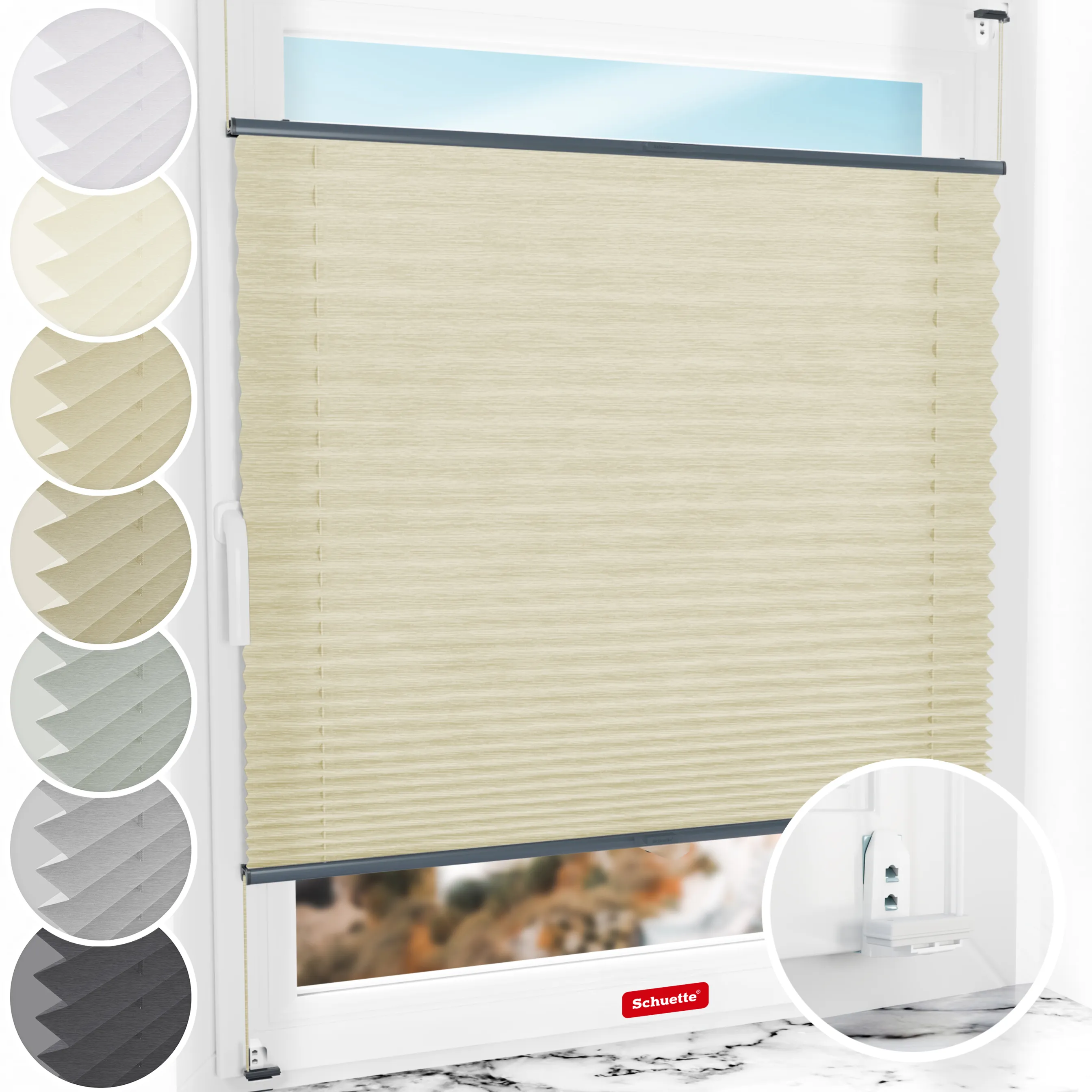 Schuette® Plissee mit Bohren nach Maß • Suprafix "Double 2in1" Schraub- & Klemmhalter • Dolomite Kollektion: Wet Stand (Beige) • Profilfarbe: Anthrazit