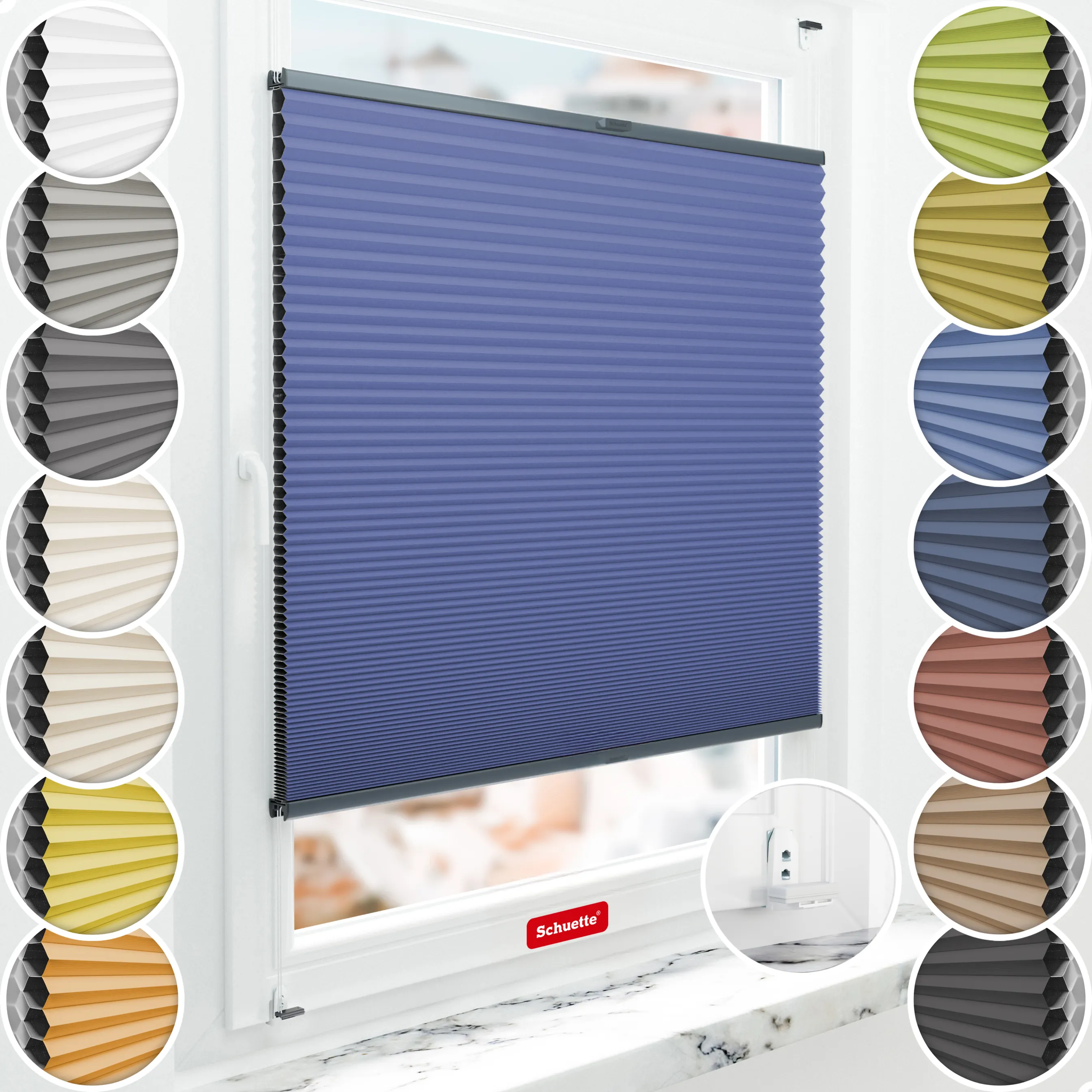 Schuette® Wabenplissee mit Bohren nach Maß • Suprafix "Double 2in1" Schraub- & Klemmhalter • Honey Kollektion: Skyline (Blau) • Profilfarbe: Anthrazit