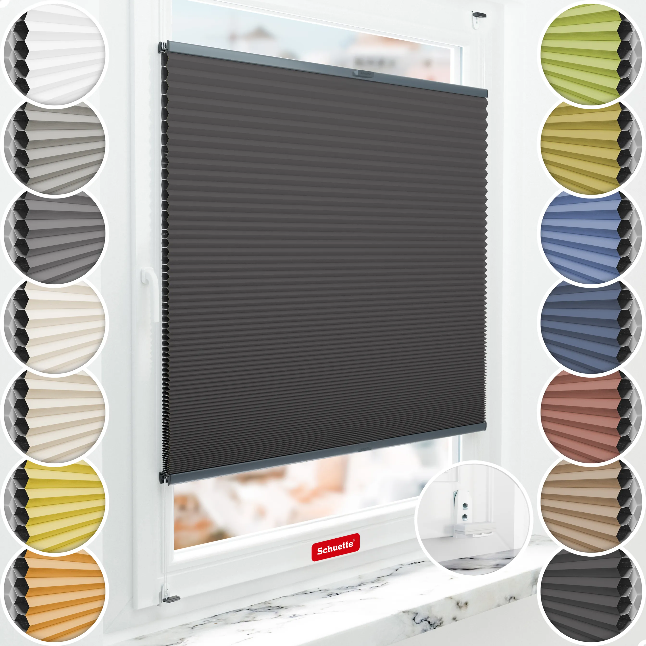 Schuette® Wabenplissee mit Bohren nach Maß • Suprafix "Double 2in1" Schraub- & Klemmhalter • Honey Kollektion: Starry Night (Schwarz) • Profilfarbe: Anthrazit