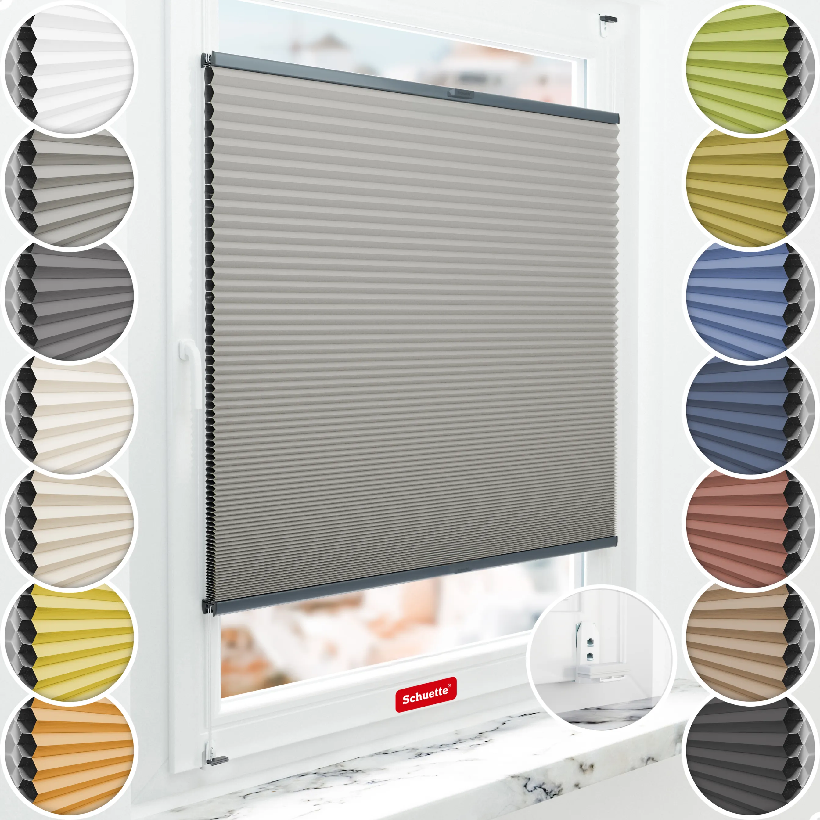 Schuette® Wabenplissee mit Bohren nach Maß • Suprafix "Double 2in1" Schraub- & Klemmhalter • Honey Kollektion: Silver Mist (Grau) • Profilfarbe: Anthrazit