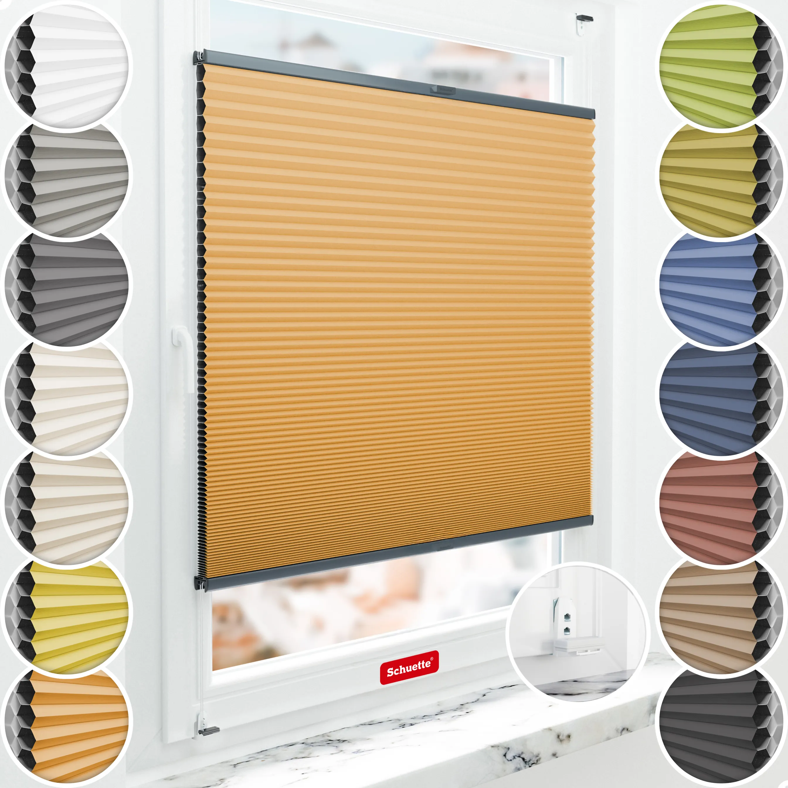 Schuette® Wabenplissee mit Bohren nach Maß • Suprafix "Double 2in1" Schraub- & Klemmhalter • Honey Kollektion: Citrus Glow (Orange) • Profilfarbe: Anthrazit
