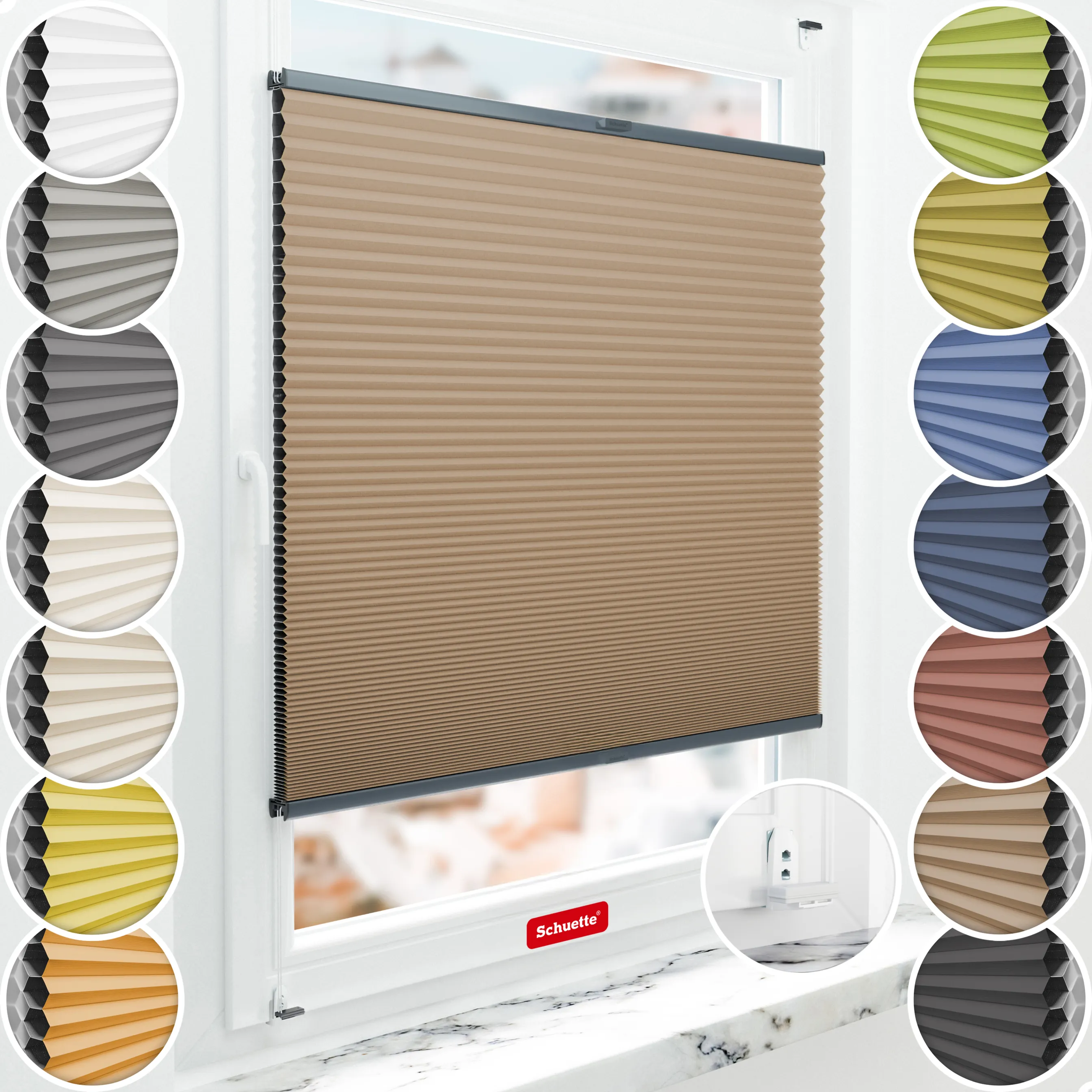 Schuette® Wabenplissee mit Bohren nach Maß • Suprafix "Double 2in1" Schraub- & Klemmhalter • Honey Kollektion: Maple Wood (Braun) • Profilfarbe: Anthrazit