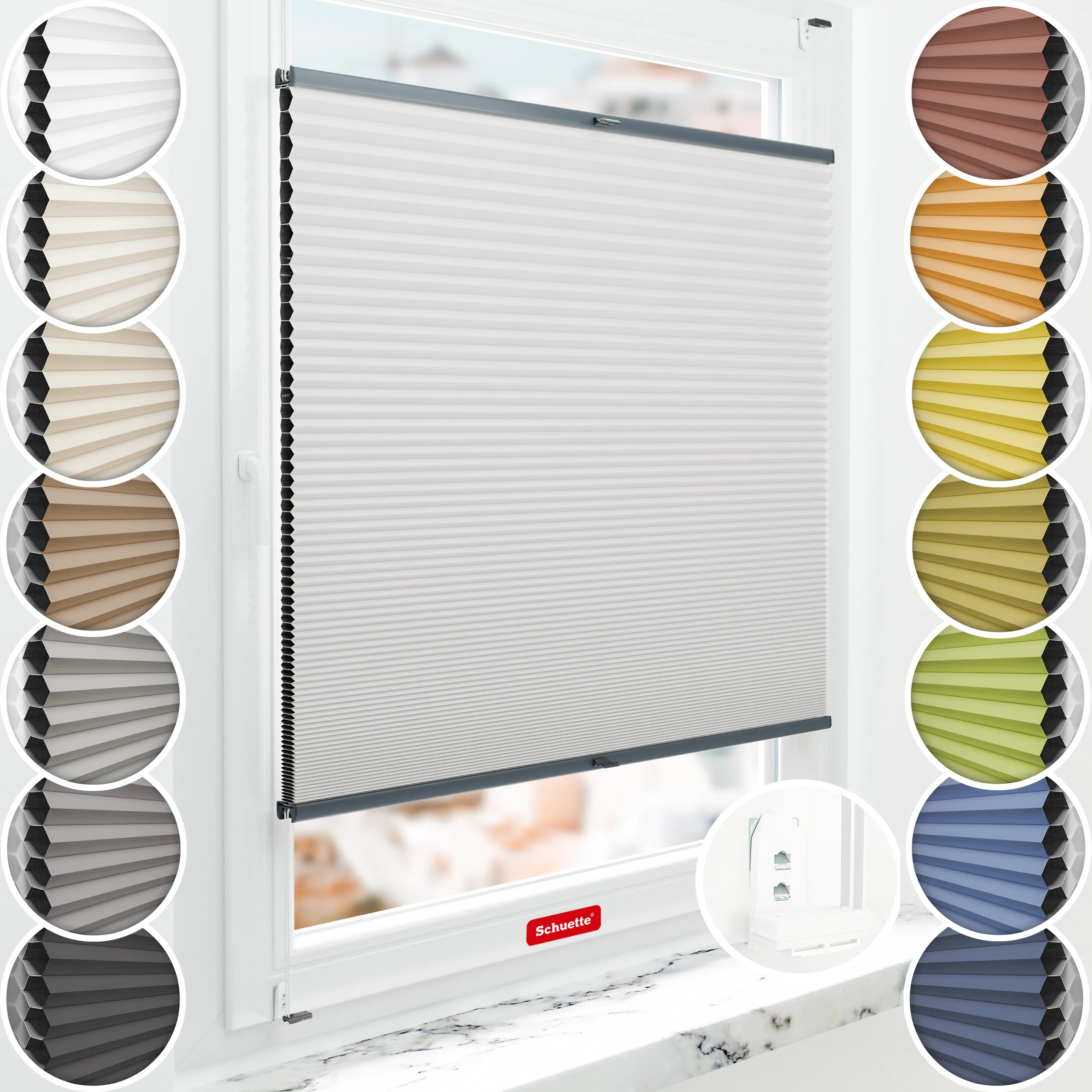 Schuette® Wabenplissee ohne Bohren nach Maß • Suprafix Klemmhalter “Double 2in1” • Honey Kollektion: Gray-zy in Love (Pastellgrau) • Profilfarbe: Anthrazit